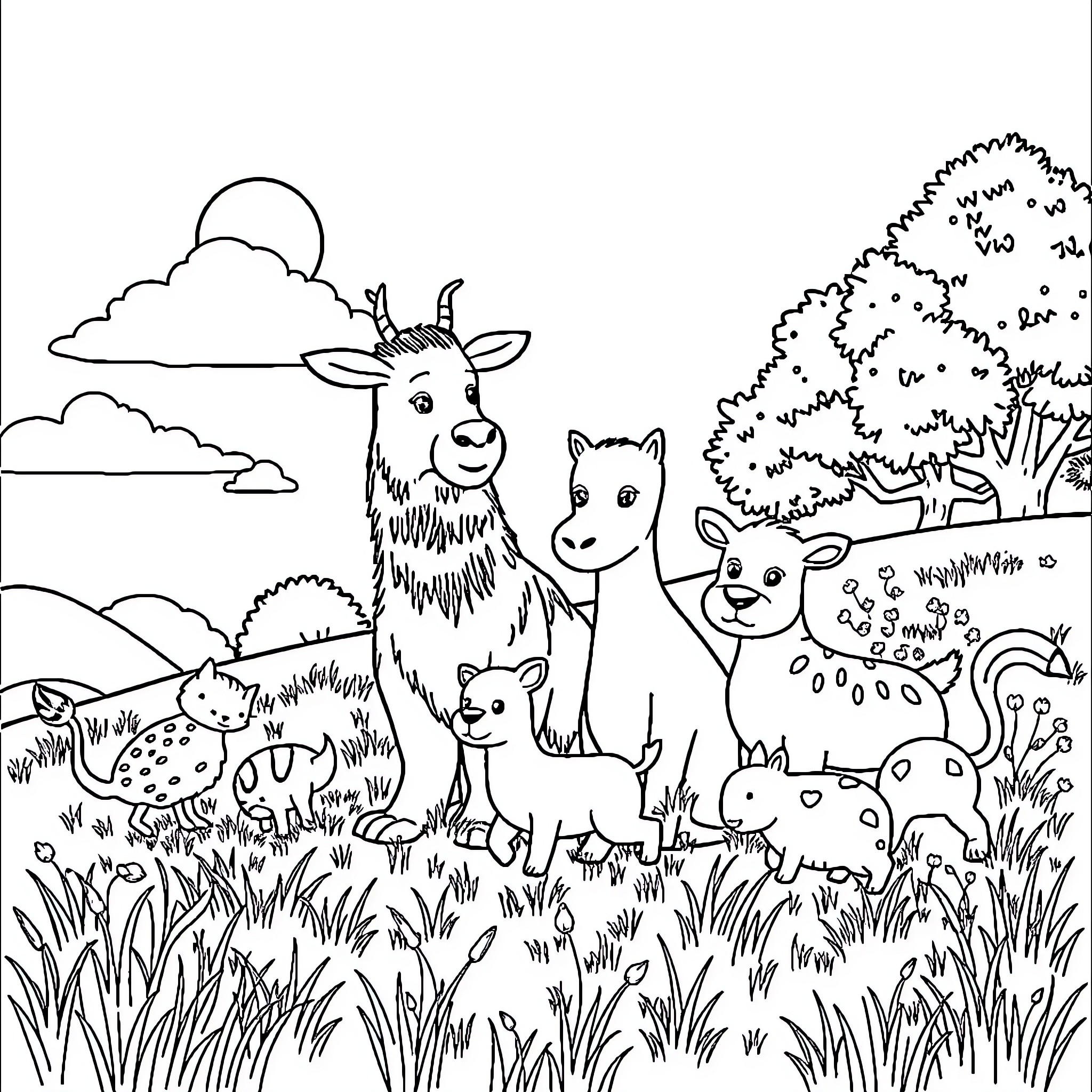Animal family in scenic outdoor landscape Coloring Page (free black-and-white line drawing printable PDF for all, from beginners to advanced learners, including children, teens, adults, and seniors)