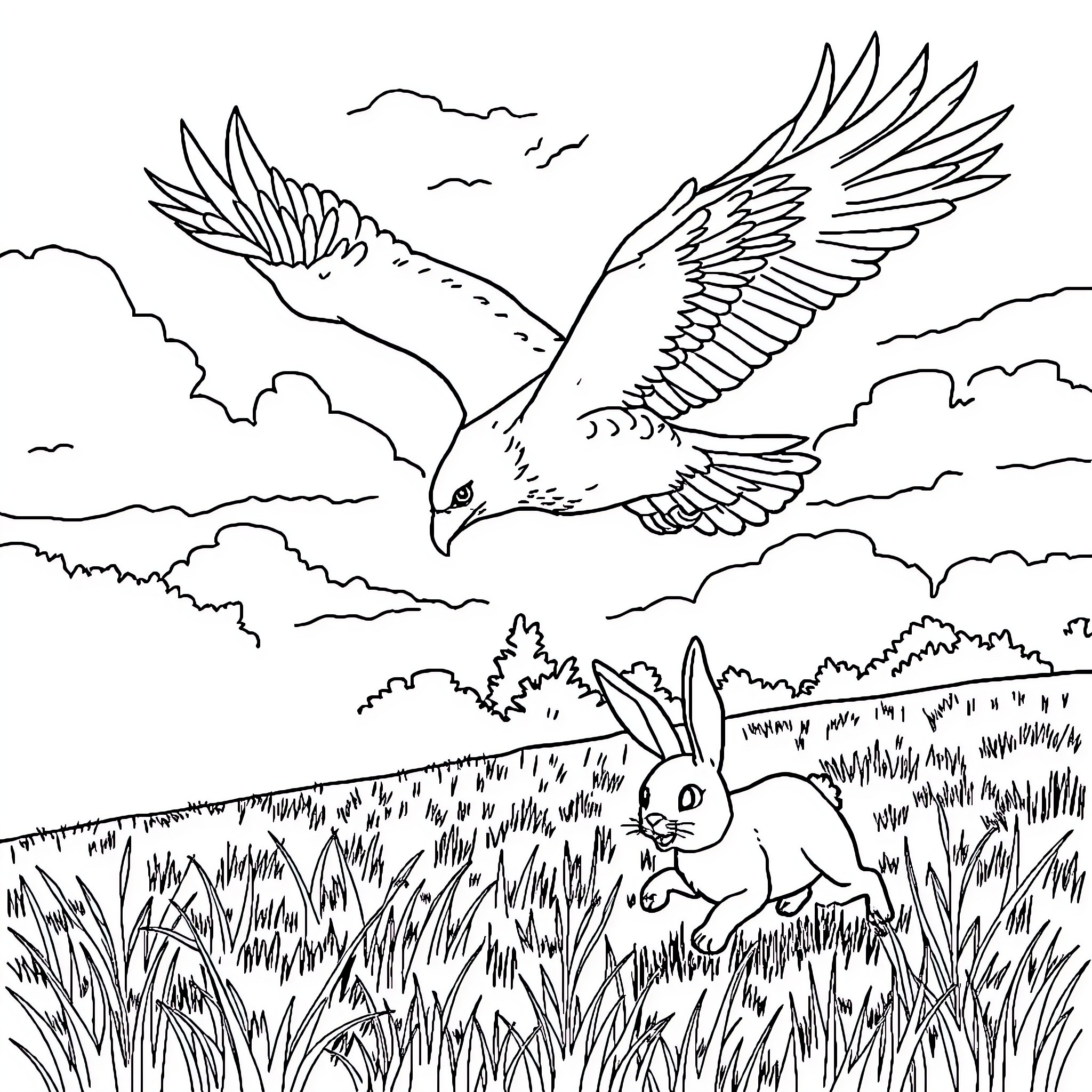 Eagle soaring freely in the sky above the meadow Coloring Page (free black-and-white line drawing printable PDF for all, from beginners to advanced learners, including children, teens, adults, and seniors)