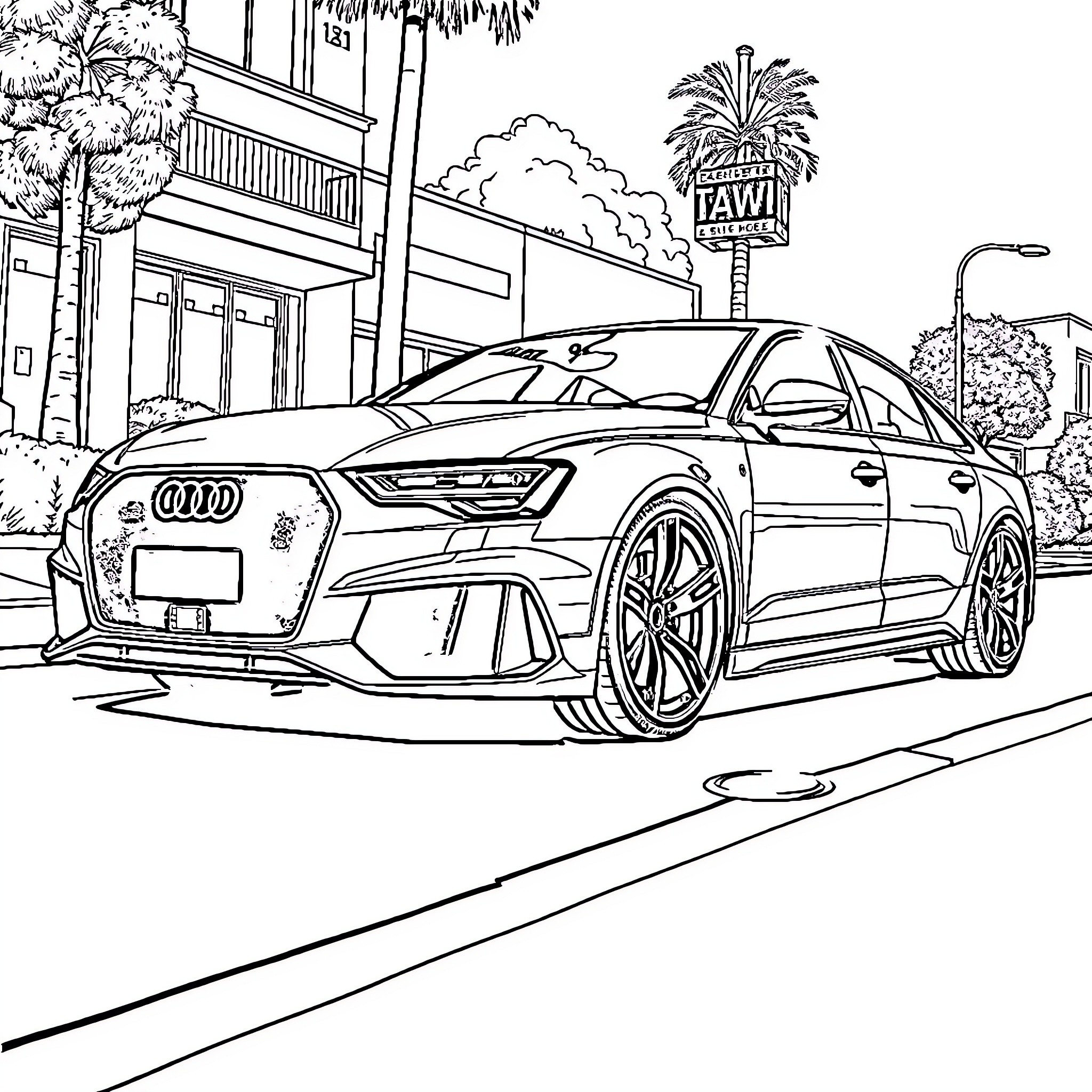 Audi sports car on city street Coloring Page (free black-and-white line drawing printable PDF for all, from beginners to advanced learners, including children, teens, adults, and seniors)