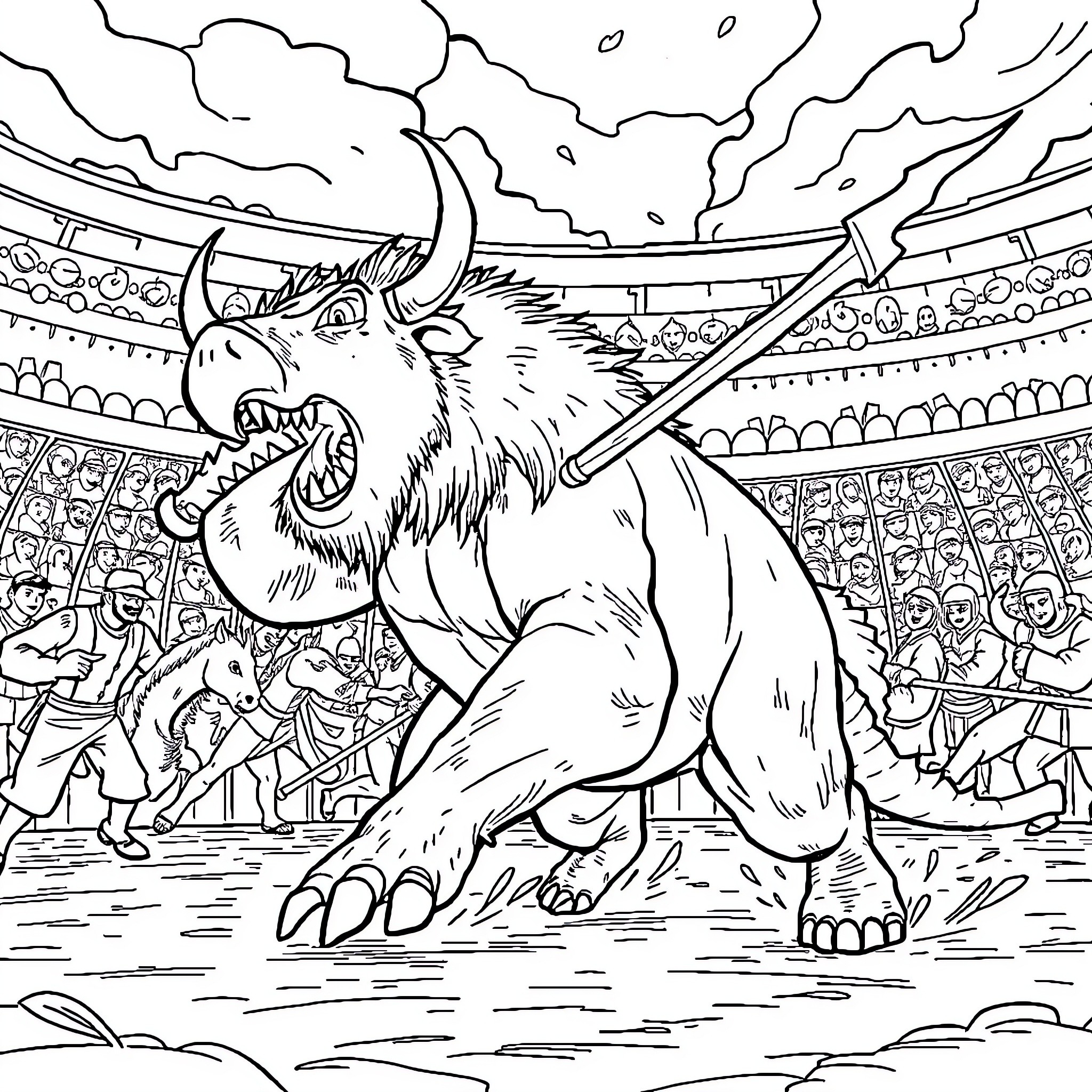 Bull Charging Fiercely in the Arena Coloring Page (free black-and-white line drawing printable PDF for all, from beginners to advanced learners, including children, teens, adults, and seniors)