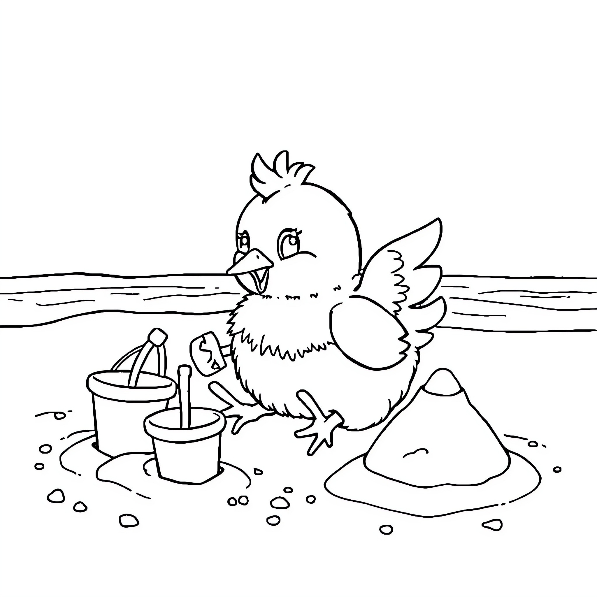 Chicken Nugget playing in the sandbox Coloring Page (free black-and-white line drawing printable PDF for all, from beginners to advanced learners, including children, teens, adults, and seniors)