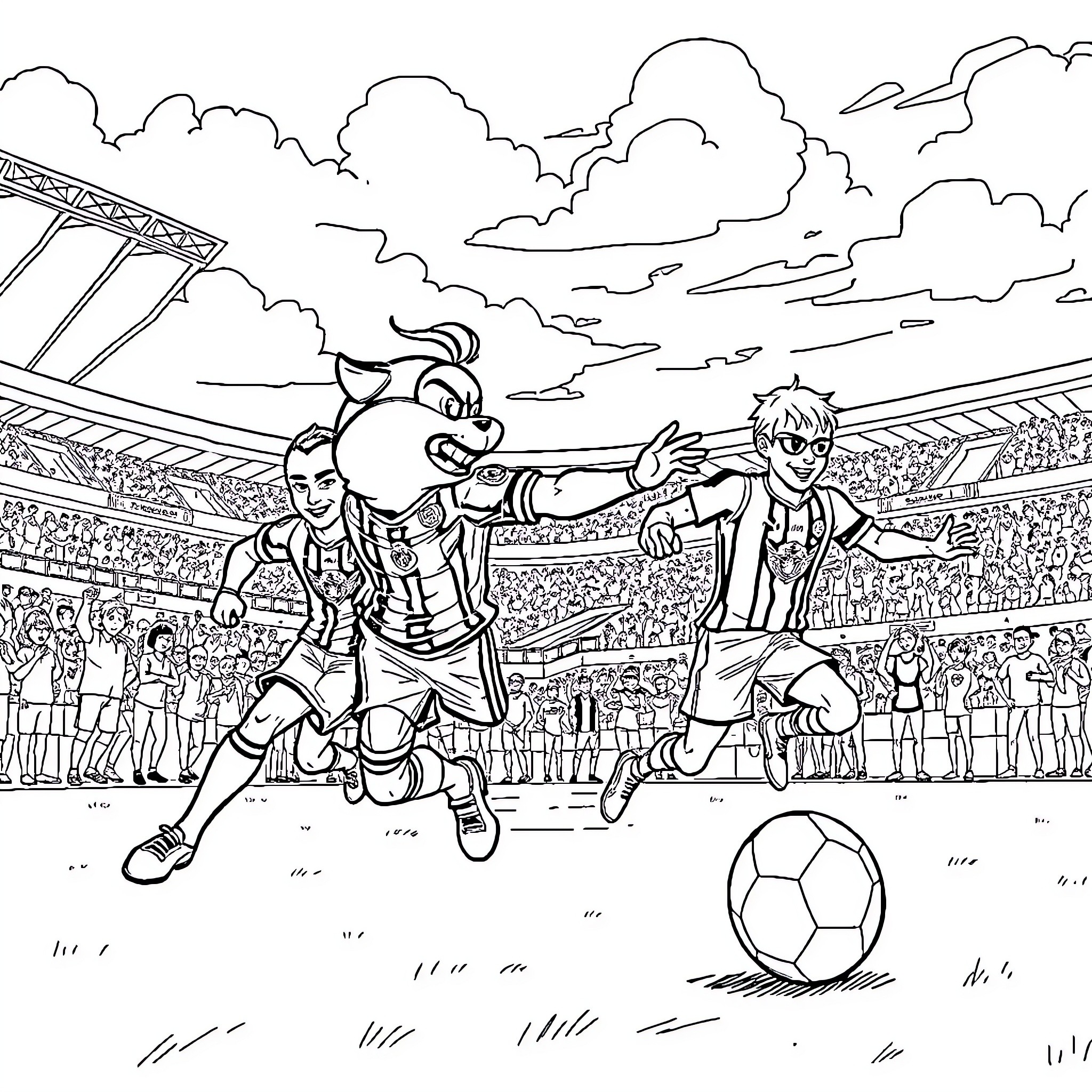 Chase for the Soccer Ball in the Stadium Coloring Page (free black-and-white line drawing printable PDF for all, from beginners to advanced learners, including children, teens, adults, and seniors)