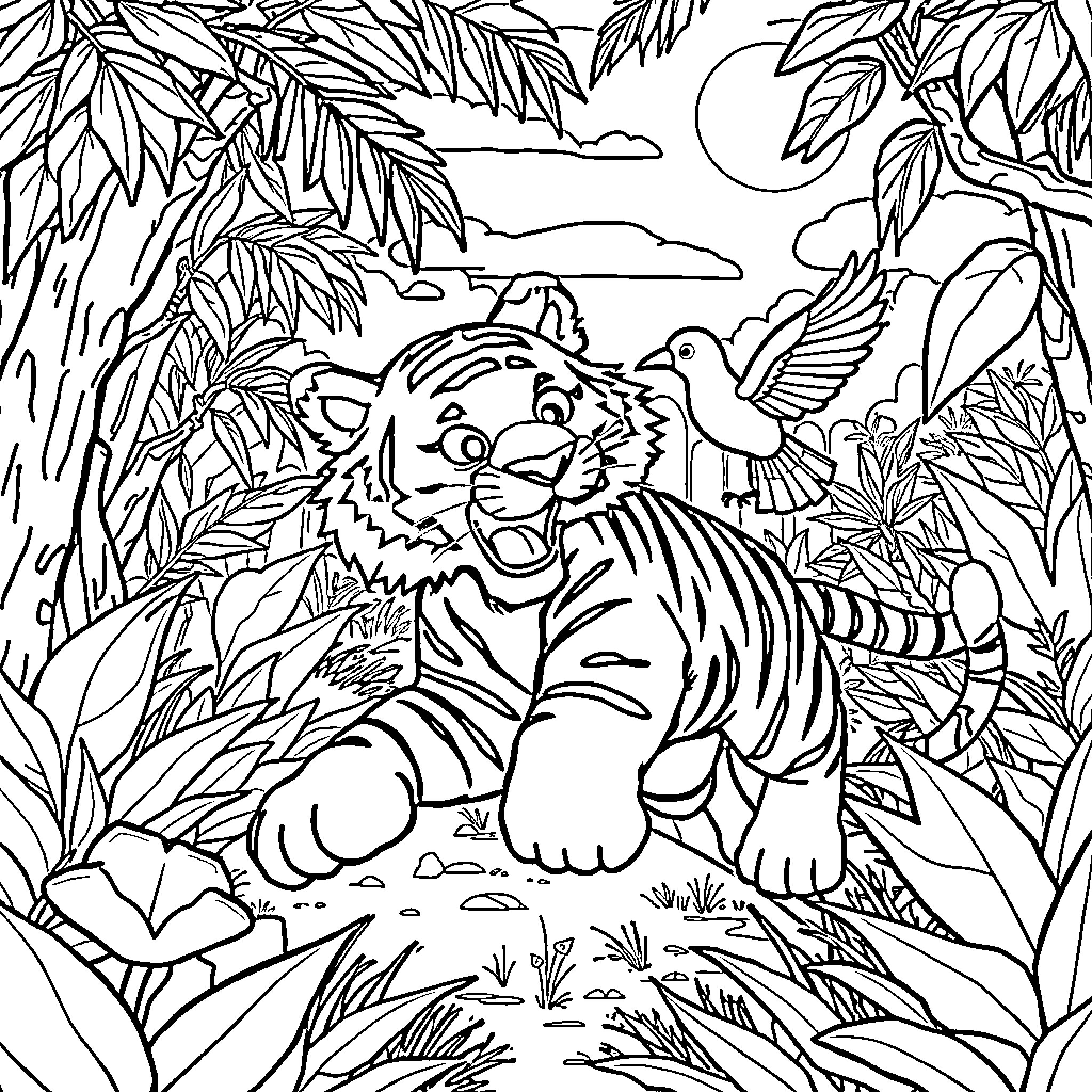 Tiger Roaring in Lush Jungle Landscape Coloring Page (free black-and-white line drawing printable PDF for all, from beginners to advanced learners, including children, teens, adults, and seniors)