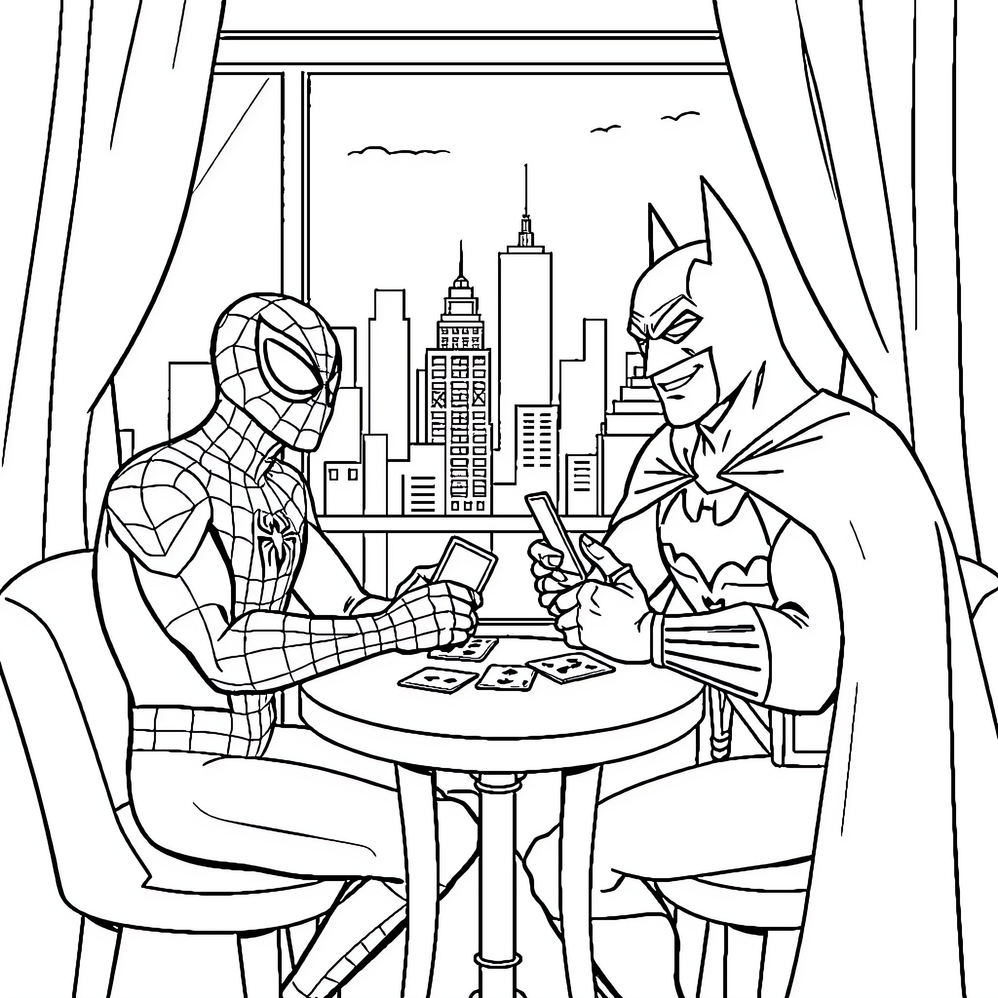 Spiderman and Batman playing cards in the city Coloring Page (free black-and-white line drawing printable PDF for all, from beginners to advanced learners, including children, teens, adults, and seniors)