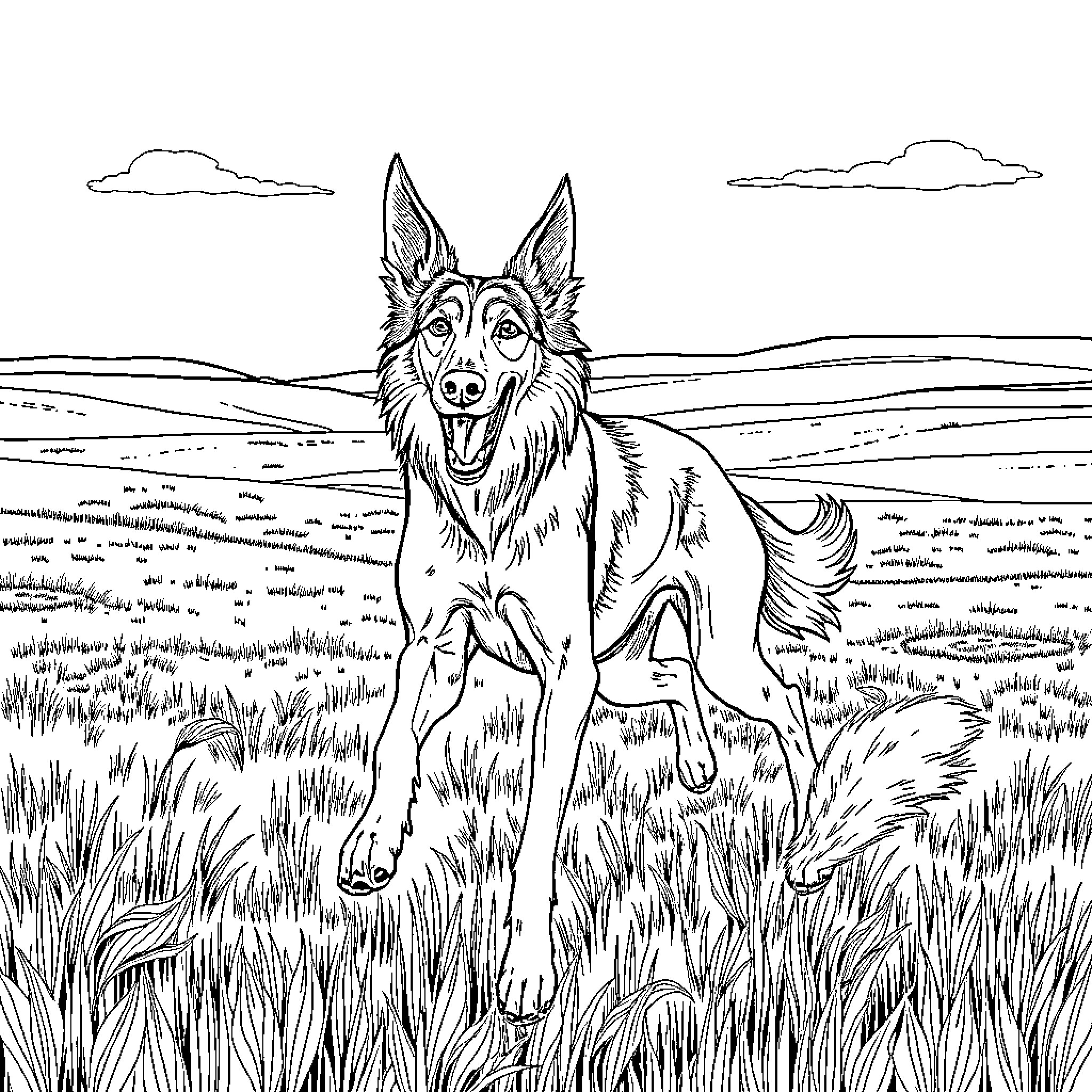 Saluki running joyfully through grassy meadow Coloring Page (free black-and-white line drawing printable PDF for all, from beginners to advanced learners, including children, teens, adults, and seniors)
