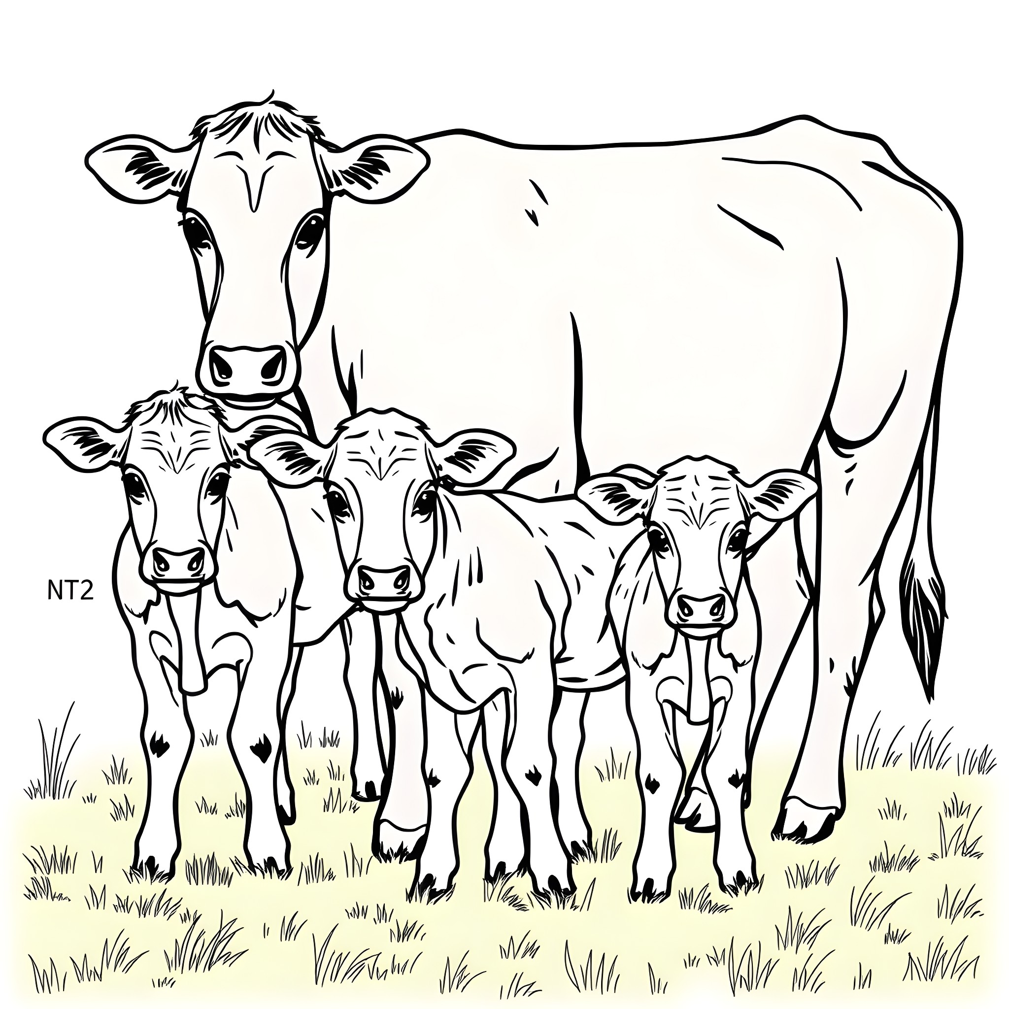 Cow family grazing peacefully in the field Coloring Page (free black-and-white line drawing printable PDF for all, from beginners to advanced learners, including children, teens, adults, and seniors)
