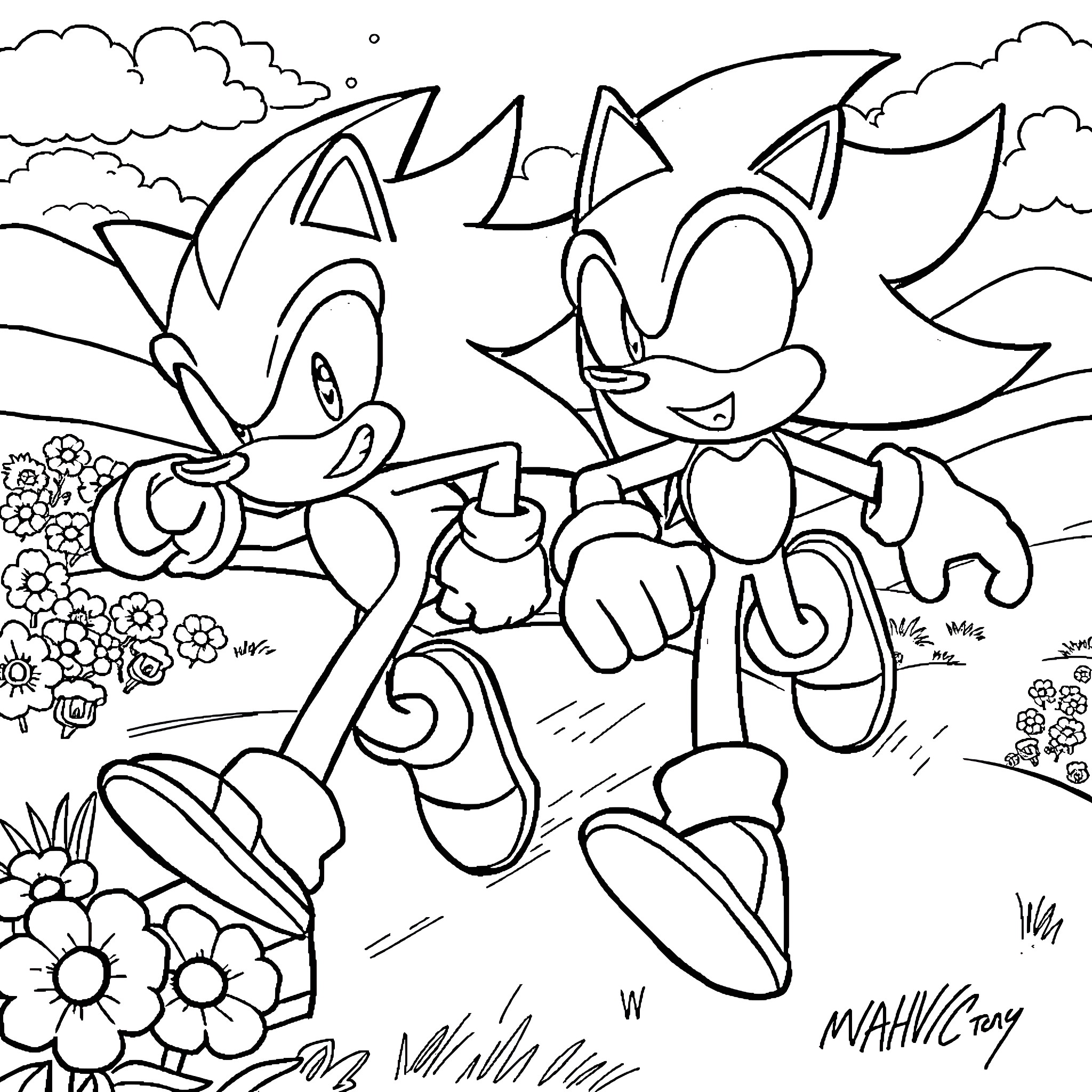 Hedgehogs running happily in the meadow Coloring Page (free black-and-white line drawing printable PDF for all, from beginners to advanced learners, including children, teens, adults, and seniors)