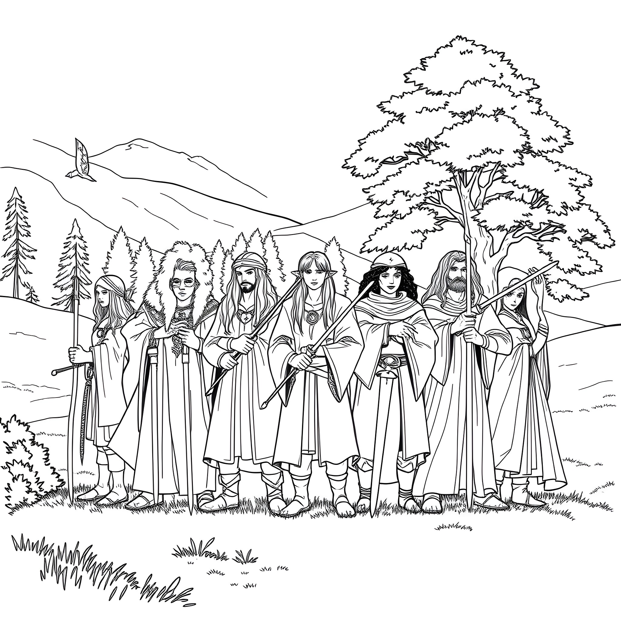 Character group portrait in fantasy setting Coloring Page (free black-and-white line drawing printable PDF for all, from beginners to advanced learners, including children, teens, adults, and seniors)