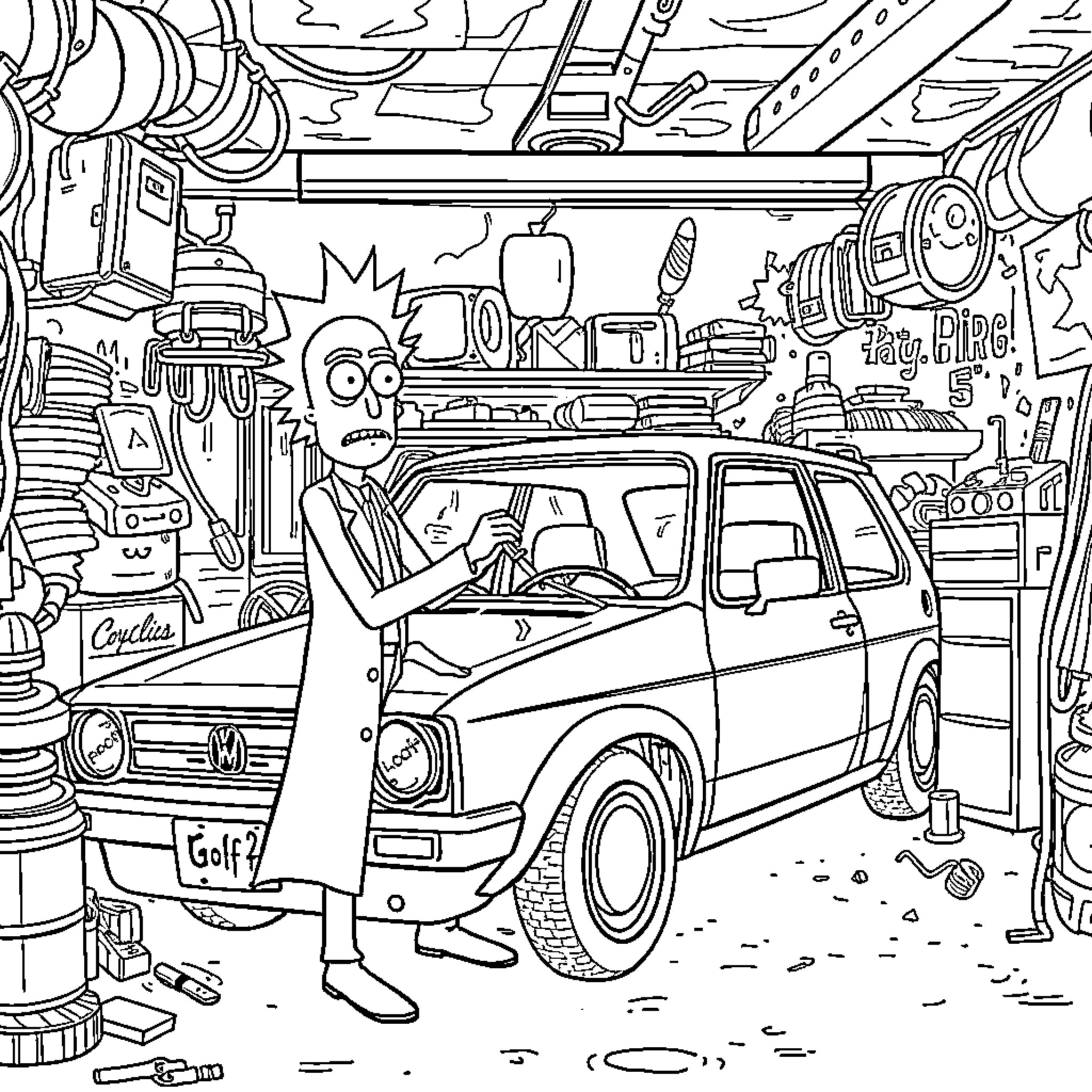 Rick And Morty in a Chaotic Garage Adventure Coloring Page (free black-and-white line drawing printable PDF for all, from beginners to advanced learners, including children, teens, adults, and seniors)