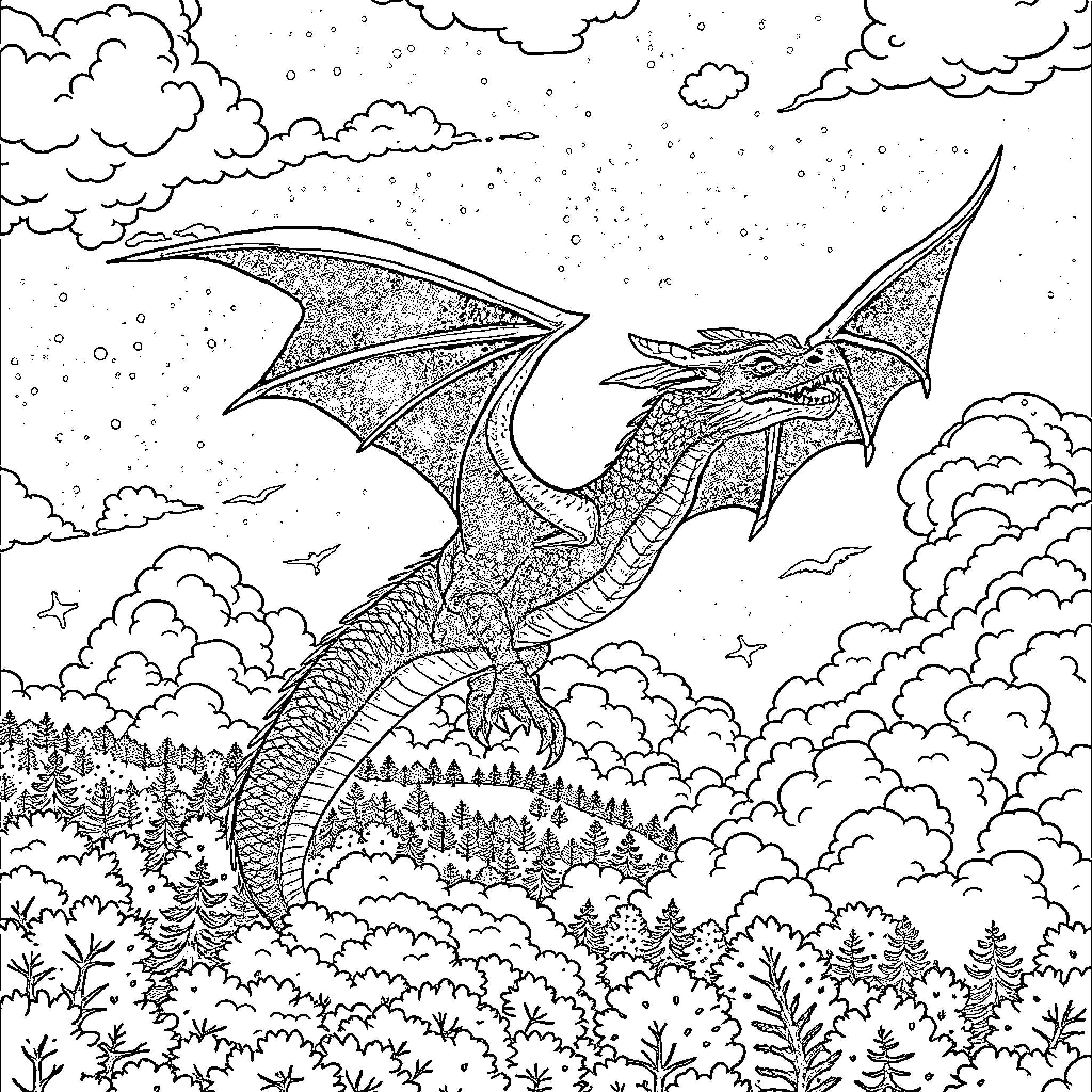 Galaxy of Mythical Dragon Soaring Through Clouds Coloring Page (free black-and-white line drawing printable PDF for all, from beginners to advanced learners, including children, teens, adults, and seniors)