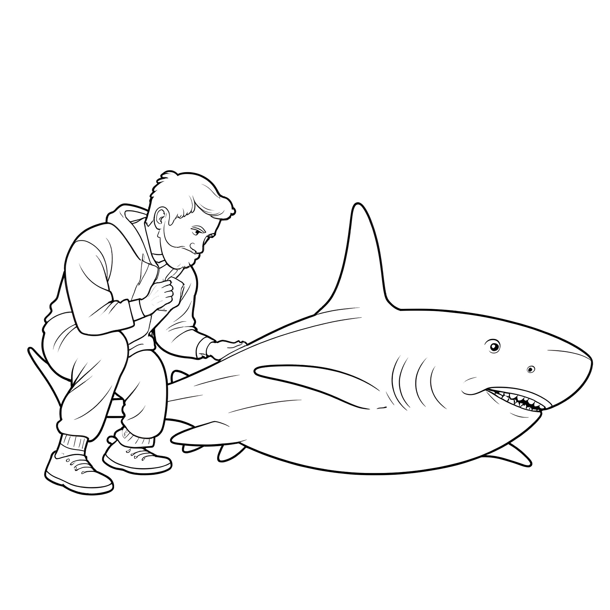 Shark exploring with curious boy Coloring Page (free black-and-white line drawing printable PDF for all, from beginners to advanced learners, including children, teens, adults, and seniors)