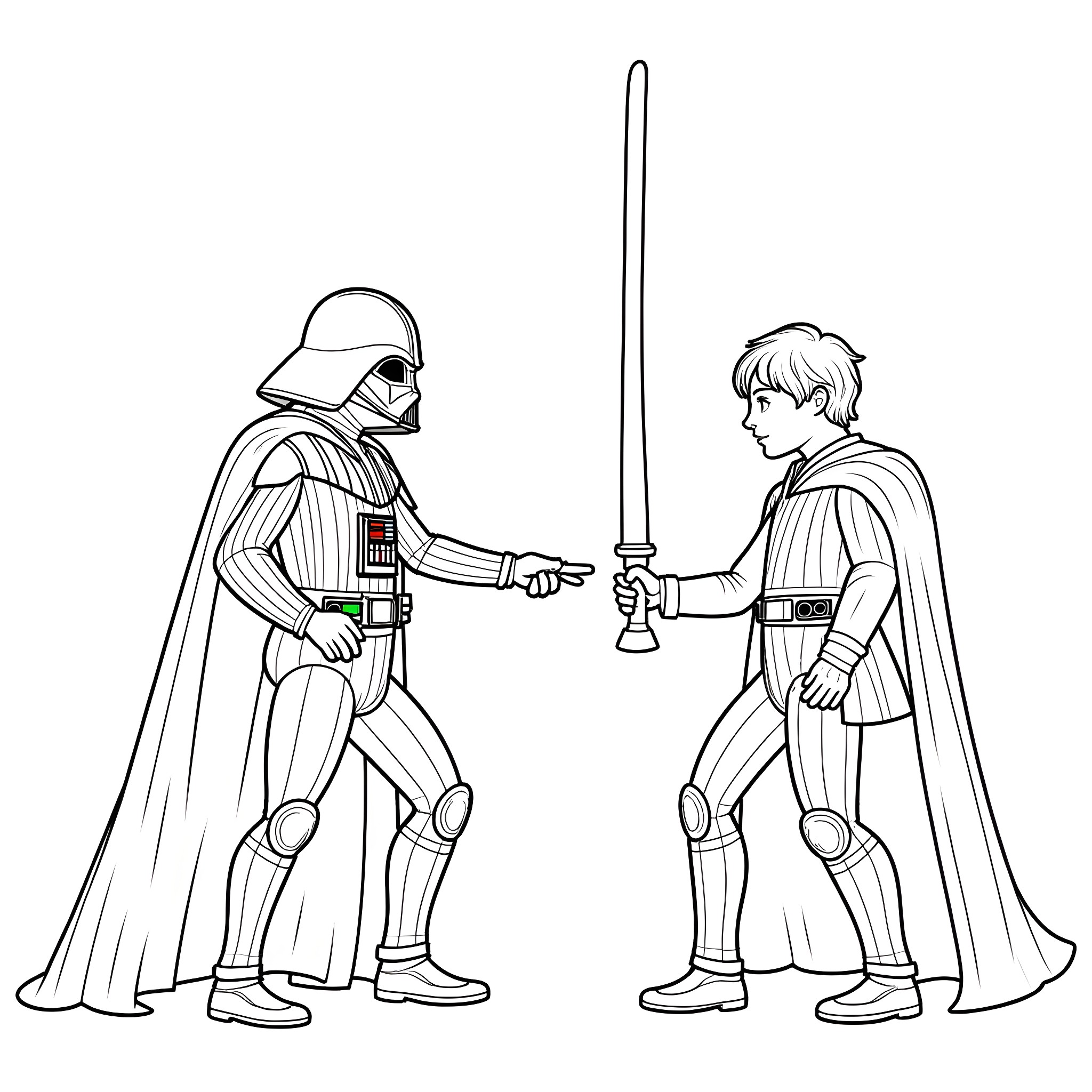 Duel between warrior figures with swords Coloring Page (free black-and-white line drawing printable PDF for all, from beginners to advanced learners, including children, teens, adults, and seniors)