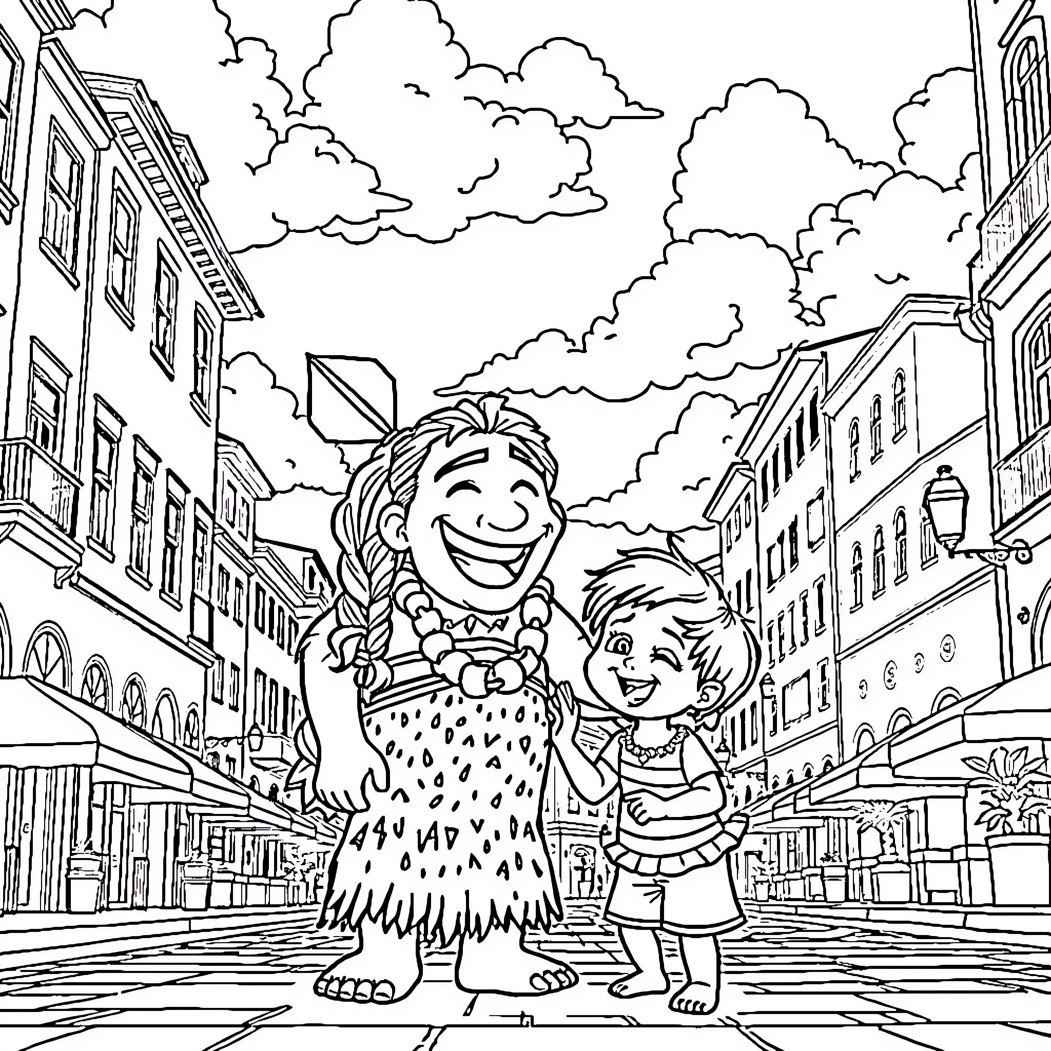 Maui and a child exploring the city streets Coloring Page (free black-and-white line drawing printable PDF for all, from beginners to advanced learners, including children, teens, adults, and seniors)