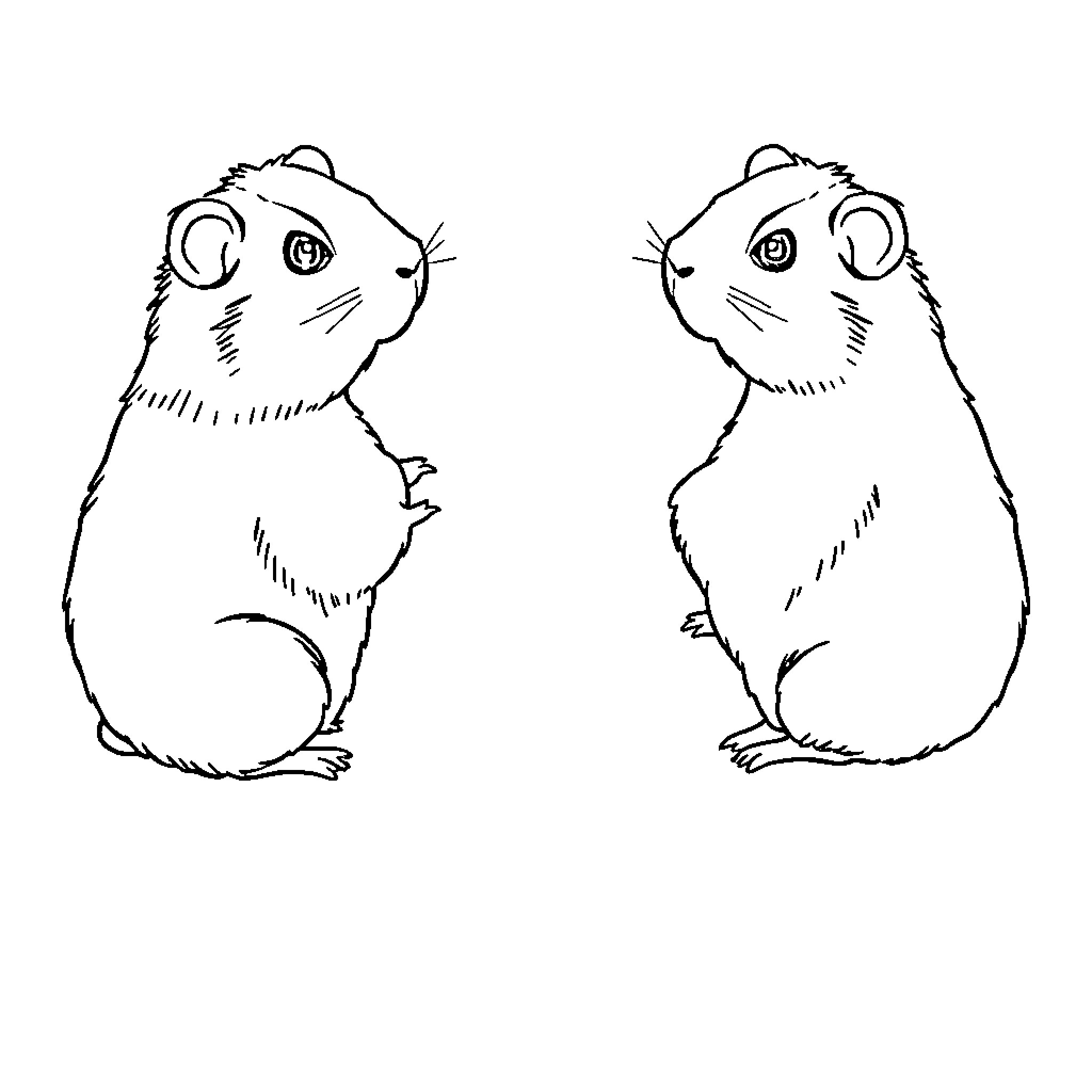 Guinea Pigs Curiously Gazing Coloring Page (free black-and-white line drawing printable PDF for all, from beginners to advanced learners, including children, teens, adults, and seniors)