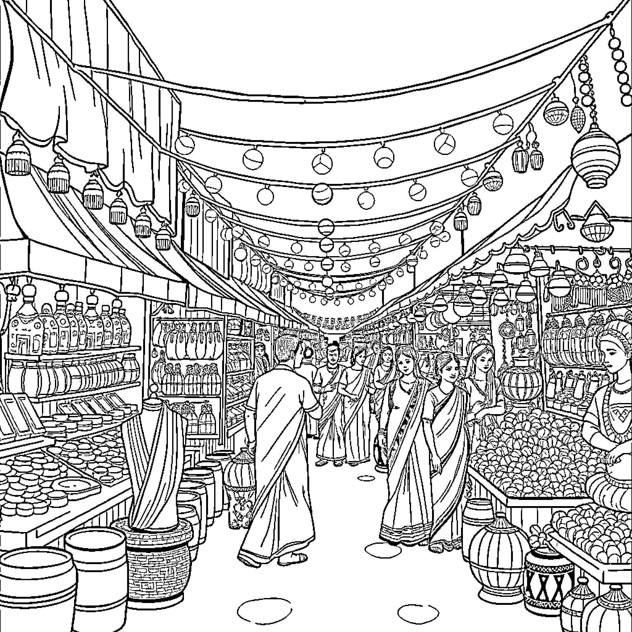 Exhibition of Traditional Market Scenes and Attire Coloring Page (free black-and-white line drawing printable PDF for all, from beginners to advanced learners, including children, teens, adults, and seniors)