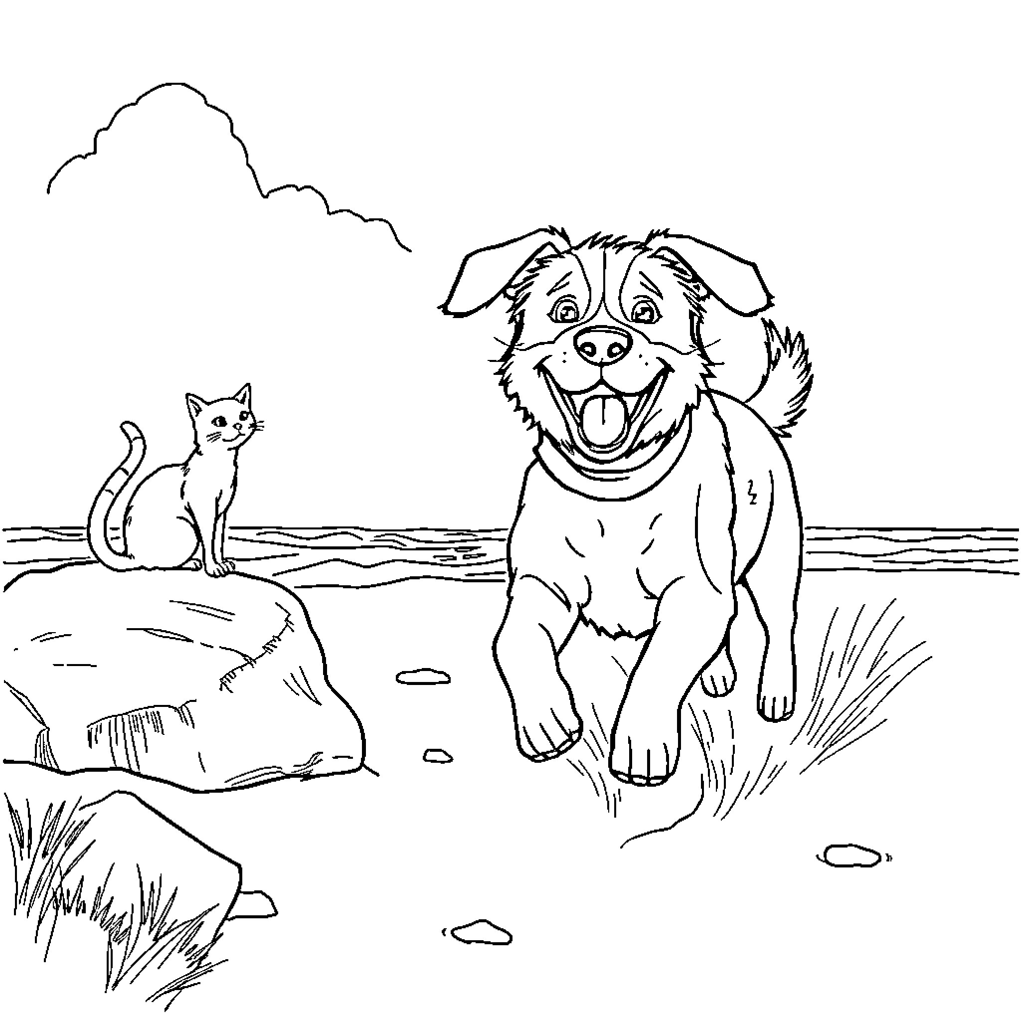 Dog and cat enjoying the outdoors Coloring Page (free black-and-white line drawing printable PDF for all, from beginners to advanced learners, including children, teens, adults, and seniors)