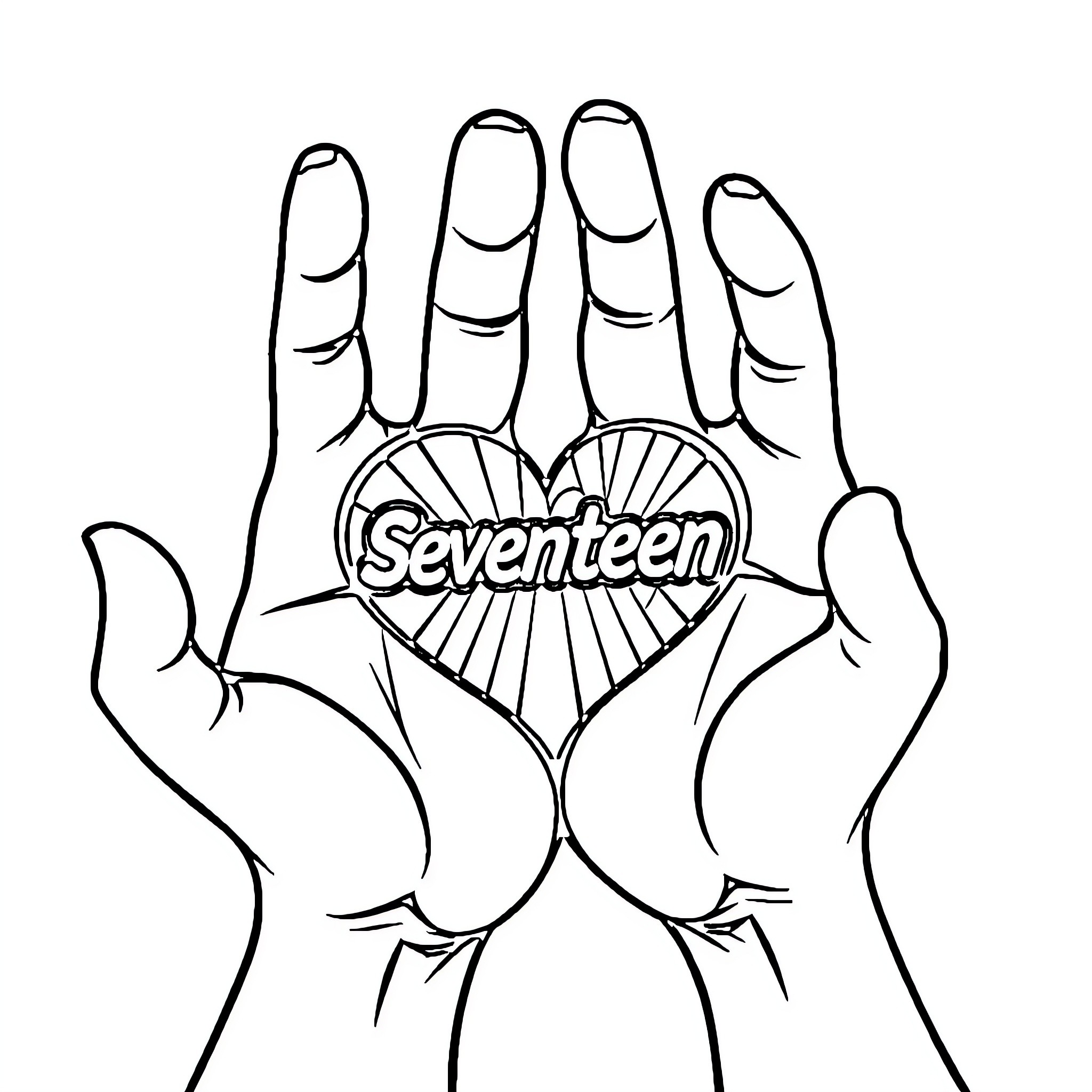 Kpop band Seventeen fan art with heart symbol Coloring Page (free black-and-white line drawing printable PDF for all, from beginners to advanced learners, including children, teens, adults, and seniors)