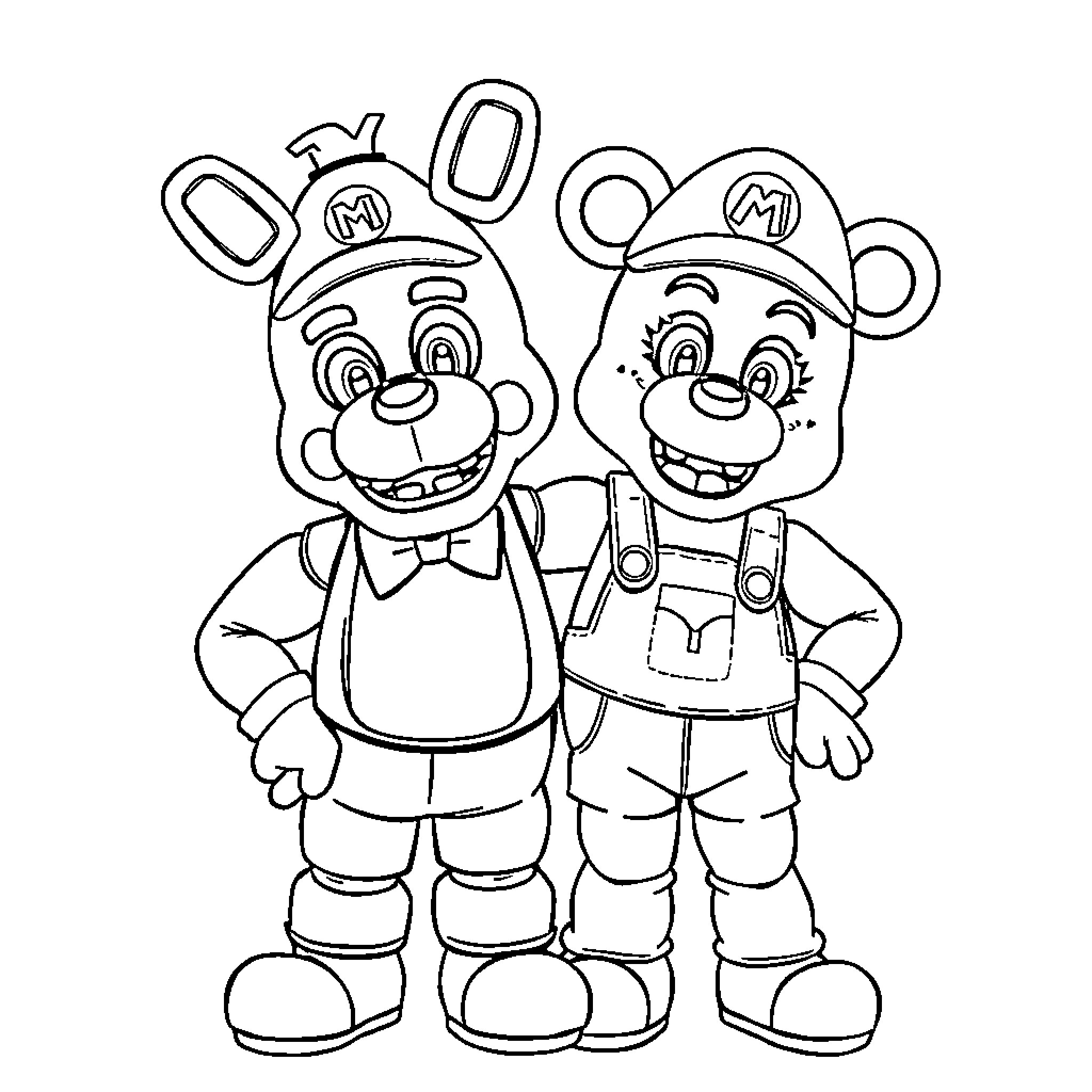 Freddy and Friends' Playful Adventure Coloring Page (free black-and-white line drawing printable PDF for all, from beginners to advanced learners, including children, teens, adults, and seniors)