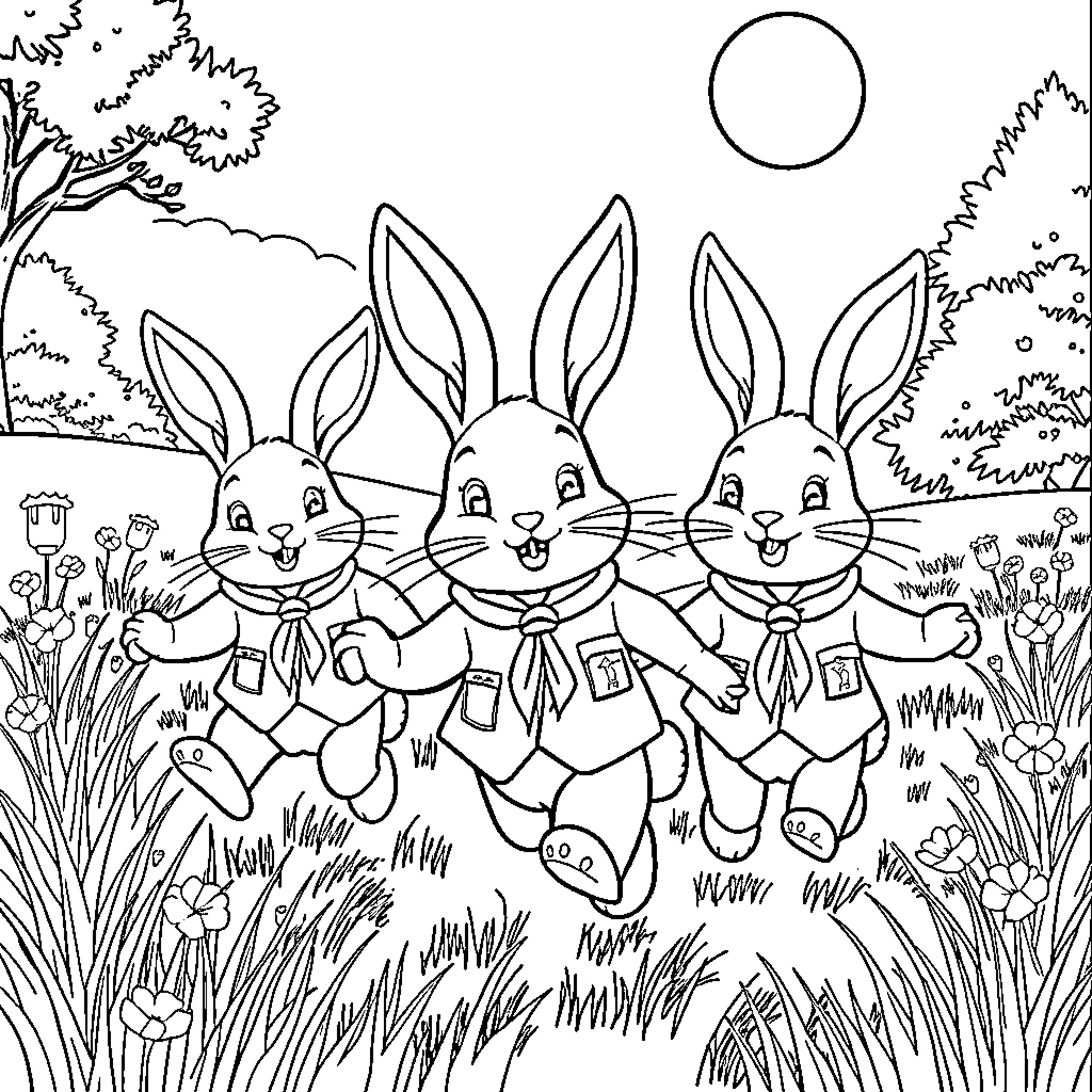 Bunny Friends Enjoying a Sunny Day Coloring Page (free black-and-white line drawing printable PDF for all, from beginners to advanced learners, including children, teens, adults, and seniors)