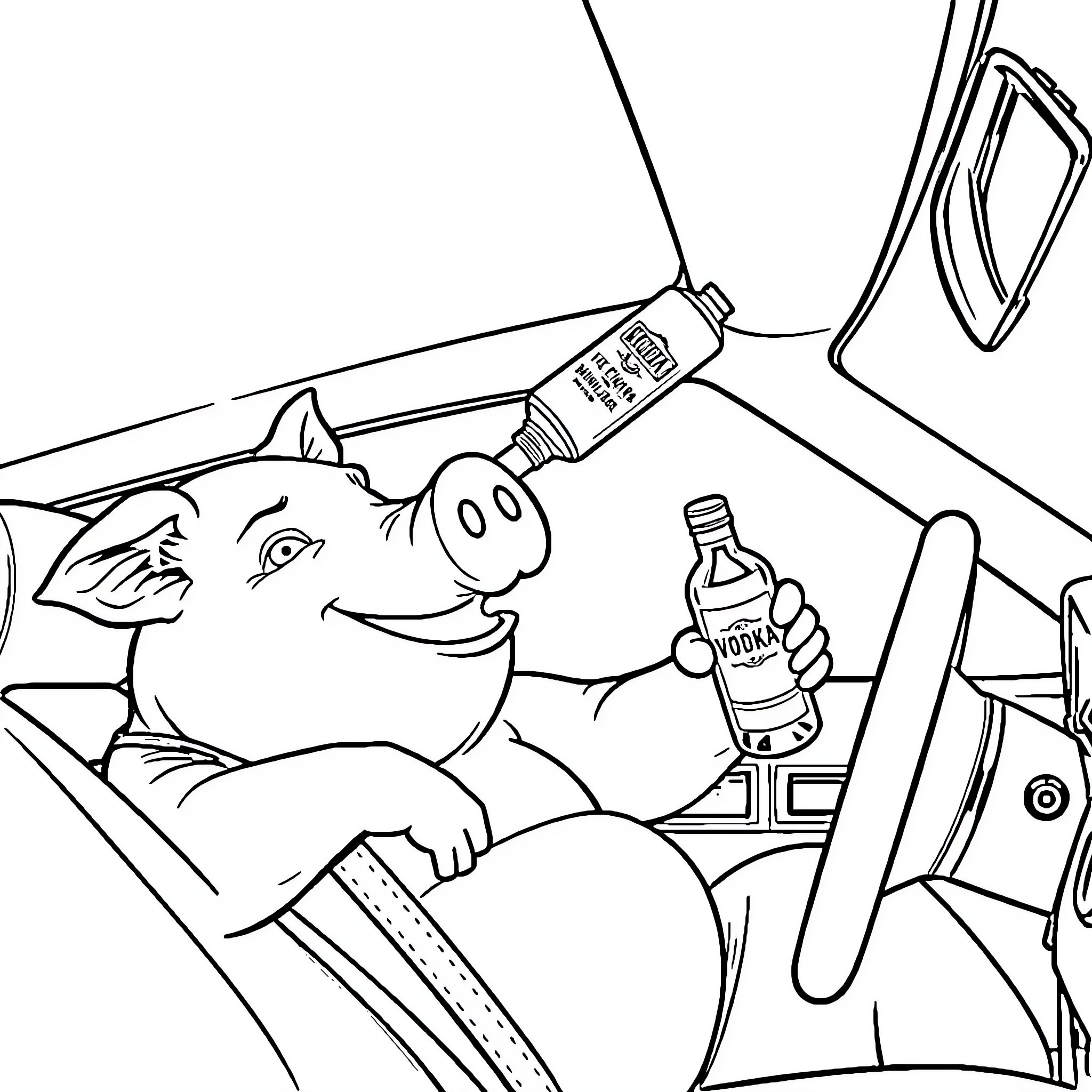Pig drinking soda and relaxing in the car Coloring Page (free black-and-white line drawing printable PDF for all, from beginners to advanced learners, including children, teens, adults, and seniors)