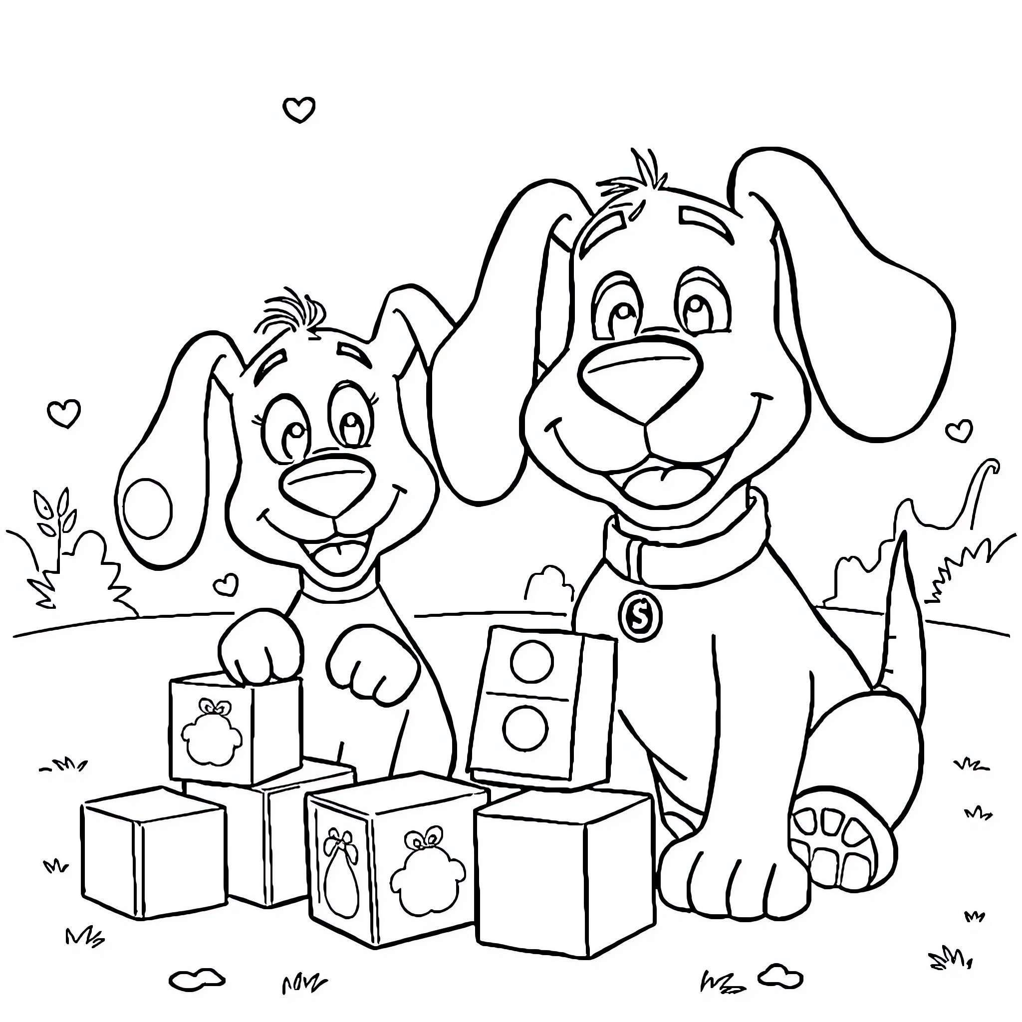 Bluey playing with dog toys and blocks happily Coloring Page (free black-and-white line drawing printable PDF for all, from beginners to advanced learners, including children, teens, adults, and seniors)