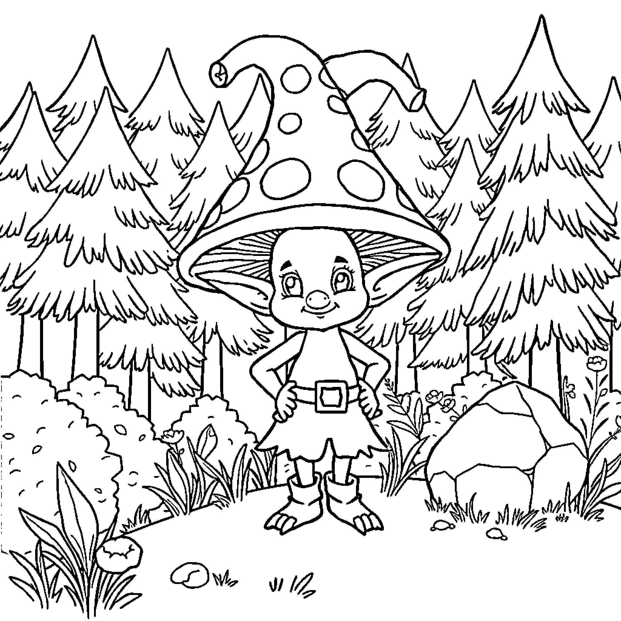 Mushroom Creature Exploring the Enchanted Forest Coloring Page (free black-and-white line drawing printable PDF for all, from beginners to advanced learners, including children, teens, adults, and seniors)