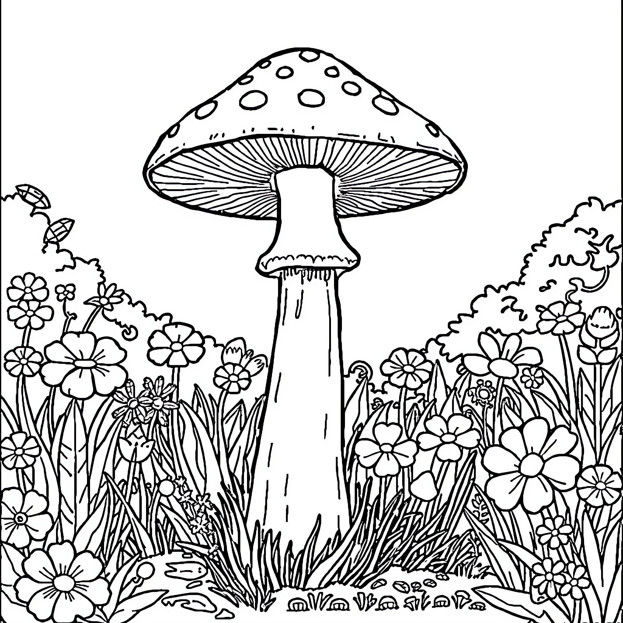 Mushroom growing amidst whimsical floral landscape Coloring Page (free black-and-white line drawing printable PDF for all, from beginners to advanced learners, including children, teens, adults, and seniors)