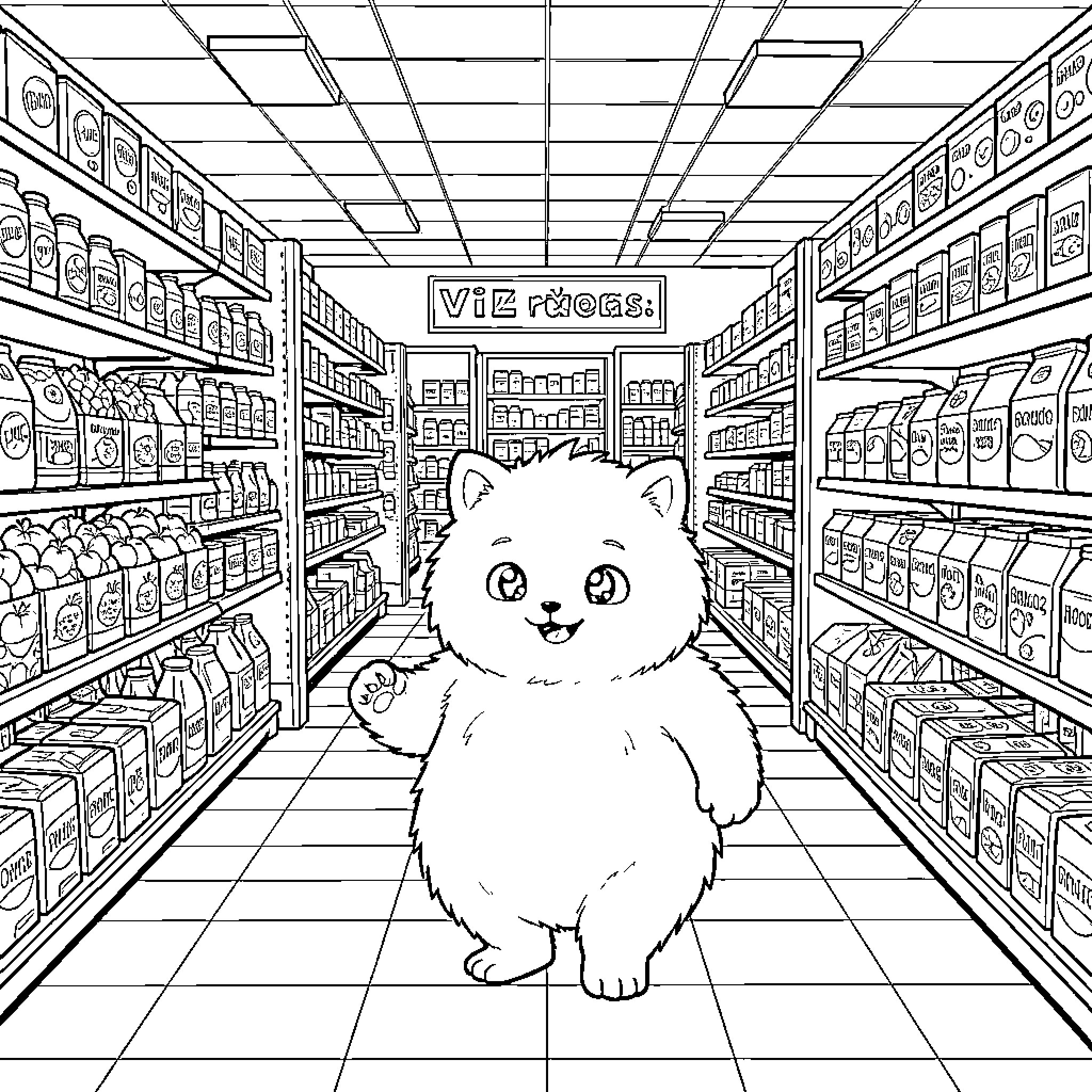 Coton puppy standing happily in a grocery store aisle Coloring Page (free black-and-white line drawing printable PDF for all, from beginners to advanced learners, including children, teens, adults, and seniors)