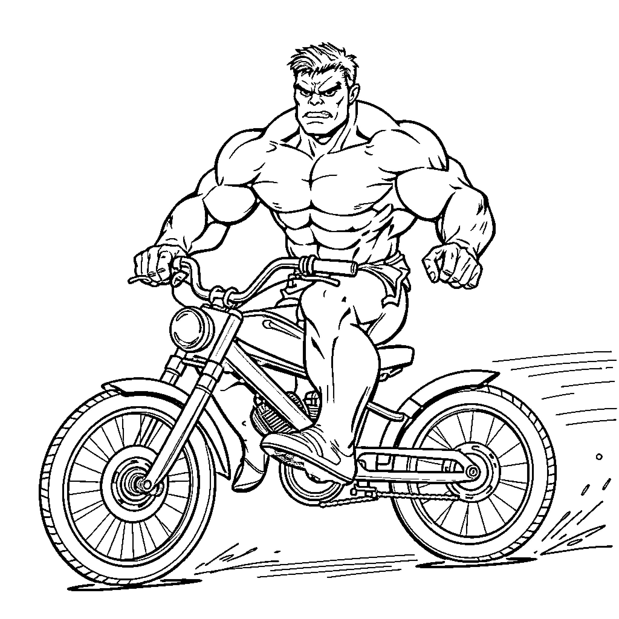 Hulk riding motorcycle with fierce expression Coloring Page (free black-and-white line drawing printable PDF for all, from beginners to advanced learners, including children, teens, adults, and seniors)