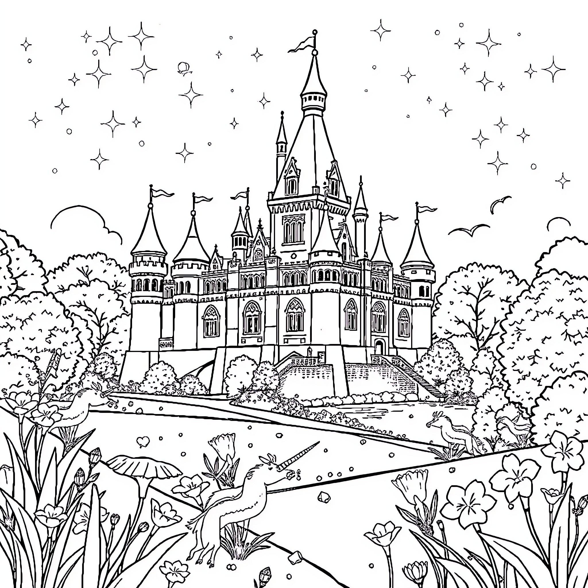 Unicorn Castle in a Magical Landscape Coloring Page (free black-and-white line drawing printable PDF for all, from beginners to advanced learners, including children, teens, adults, and seniors)