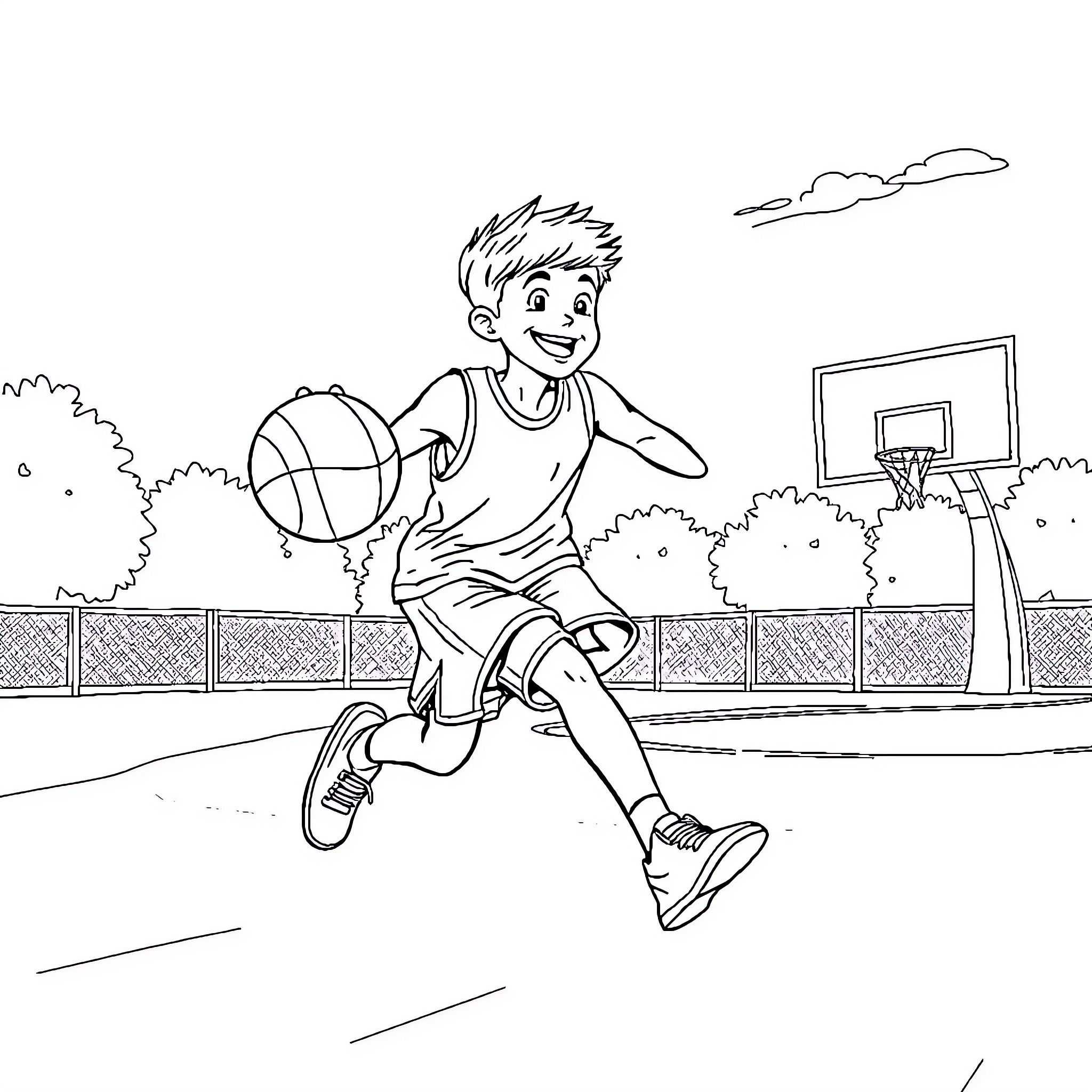 Boy playing basketball on the court Coloring Page (free black-and-white line drawing printable PDF for all, from beginners to advanced learners, including children, teens, adults, and seniors)