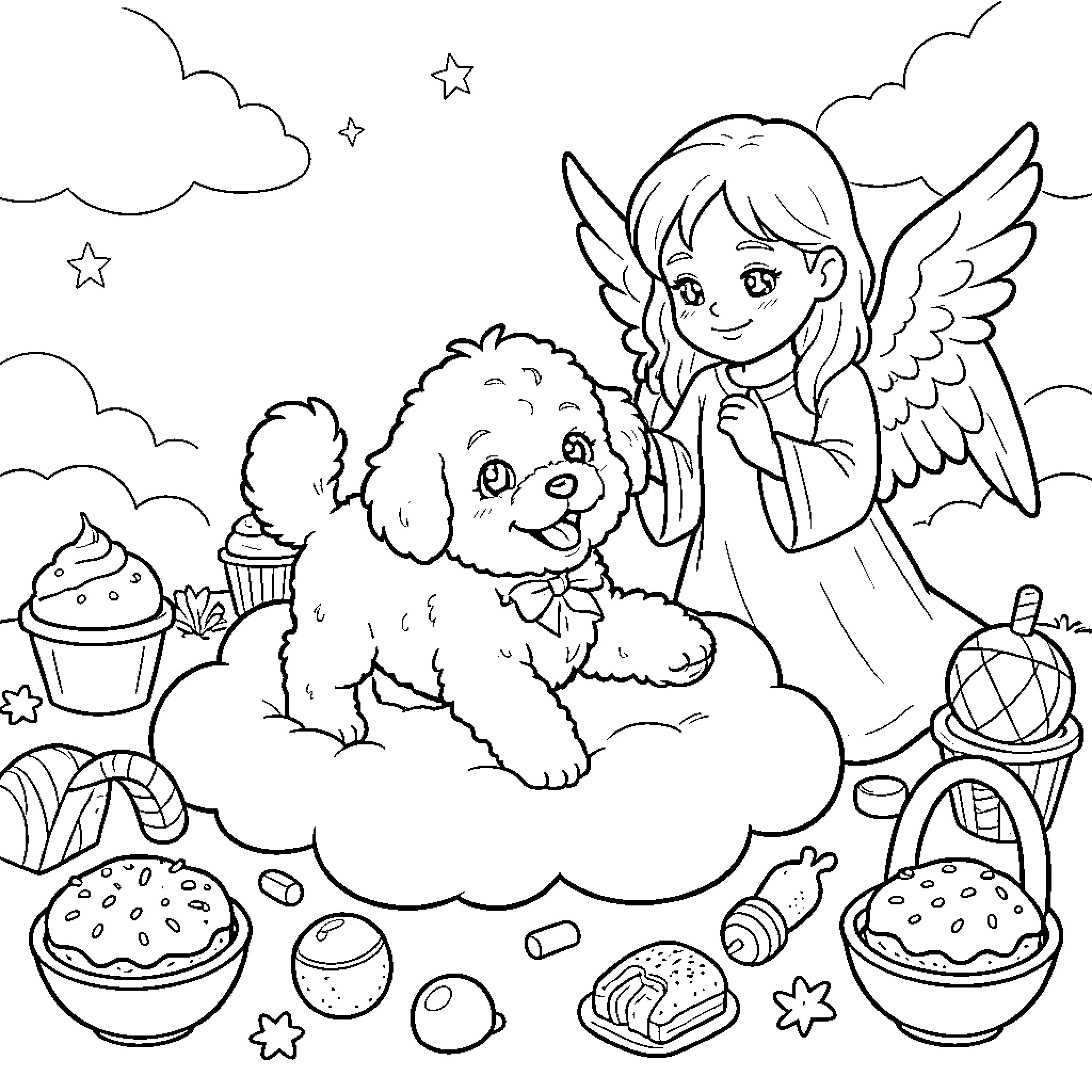 Bichon playing with angel in the clouds Coloring Page (free black-and-white line drawing printable PDF for all, from beginners to advanced learners, including children, teens, adults, and seniors)