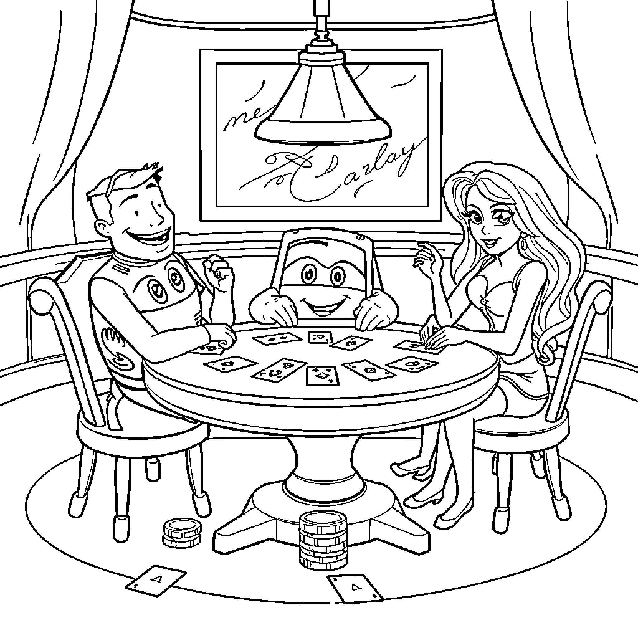 Lightning McQueen playing cards with friends Coloring Page (free black-and-white line drawing printable PDF for all, from beginners to advanced learners, including children, teens, adults, and seniors)