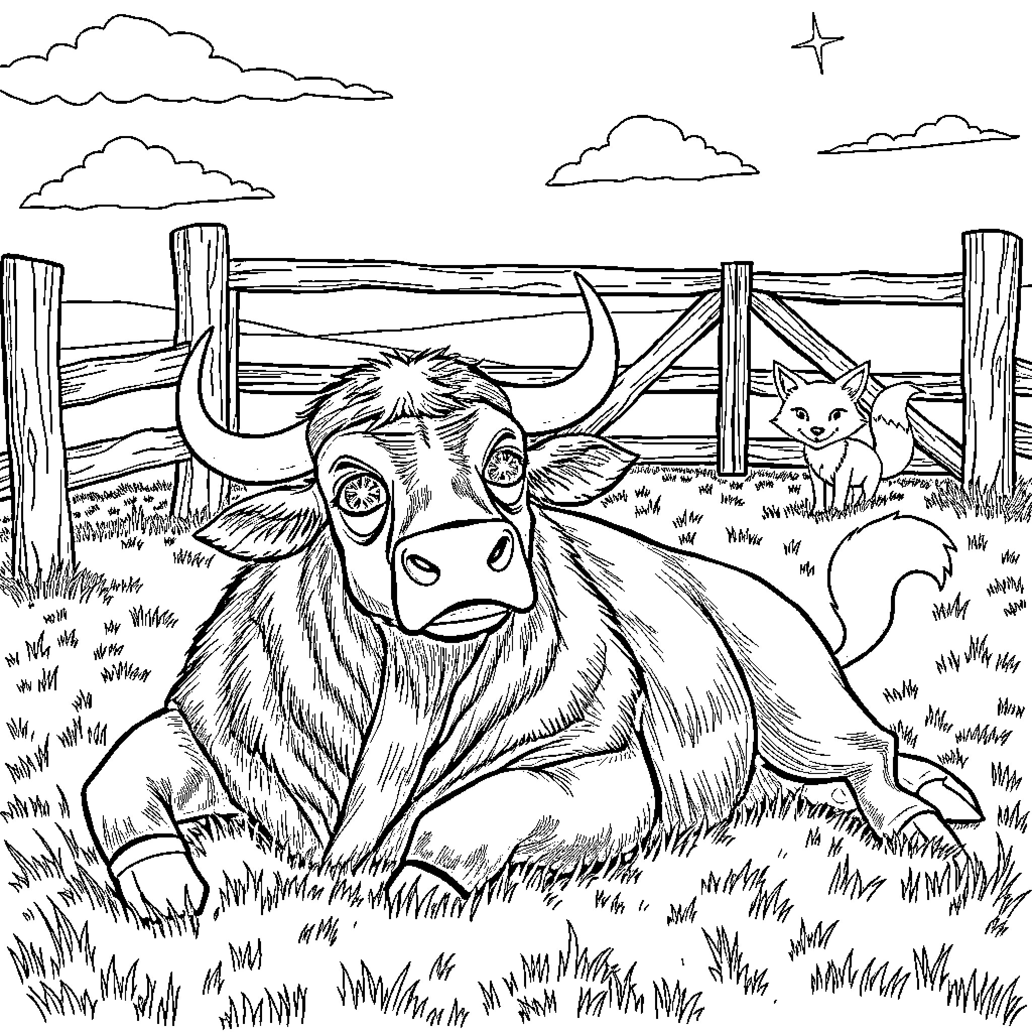 Bull Resting Peacefully in a Rustic Countryside Coloring Page (free black-and-white line drawing printable PDF for all, from beginners to advanced learners, including children, teens, adults, and seniors)