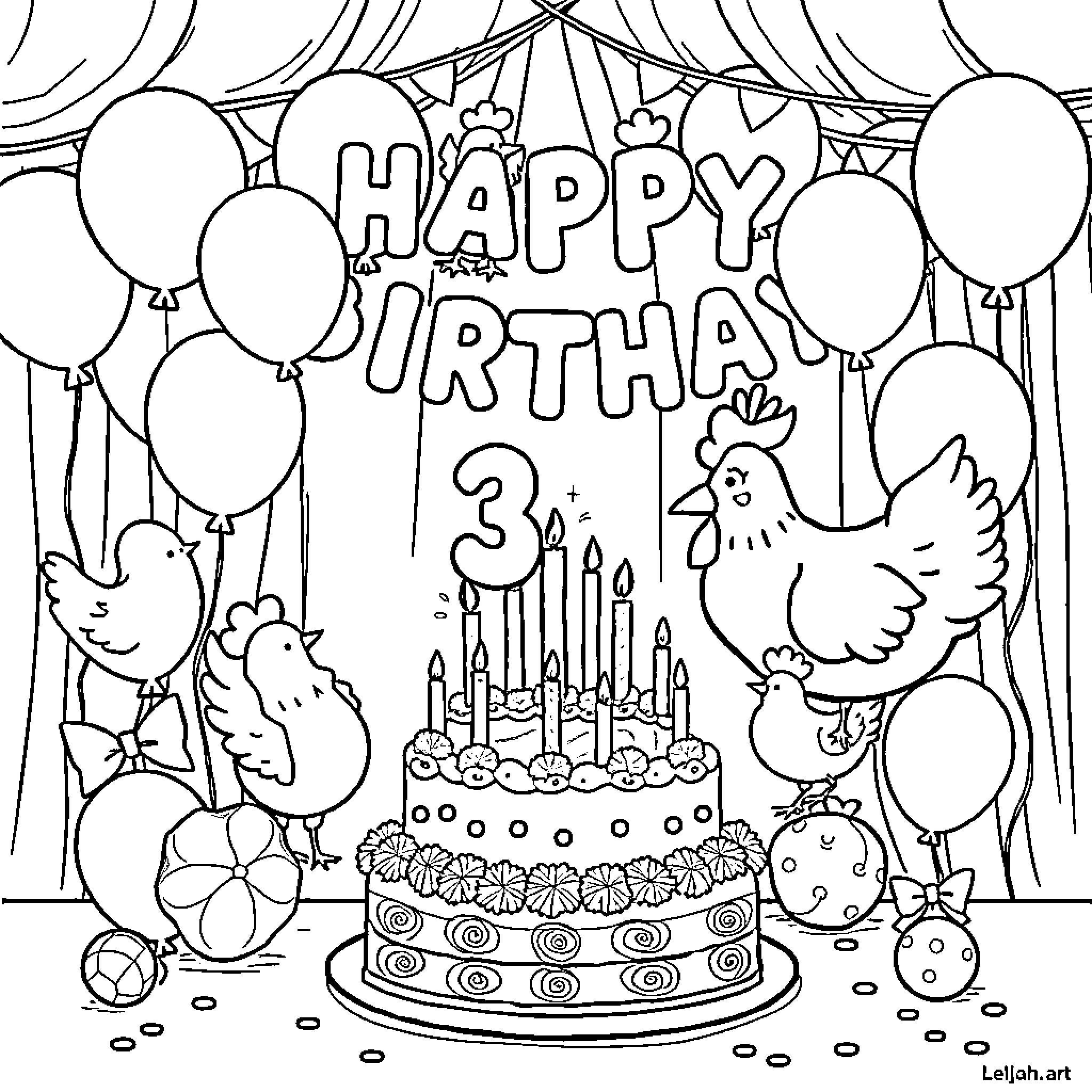 Chicken celebrating a joyous birthday party Coloring Page (free black-and-white line drawing printable PDF for all, from beginners to advanced learners, including children, teens, adults, and seniors)