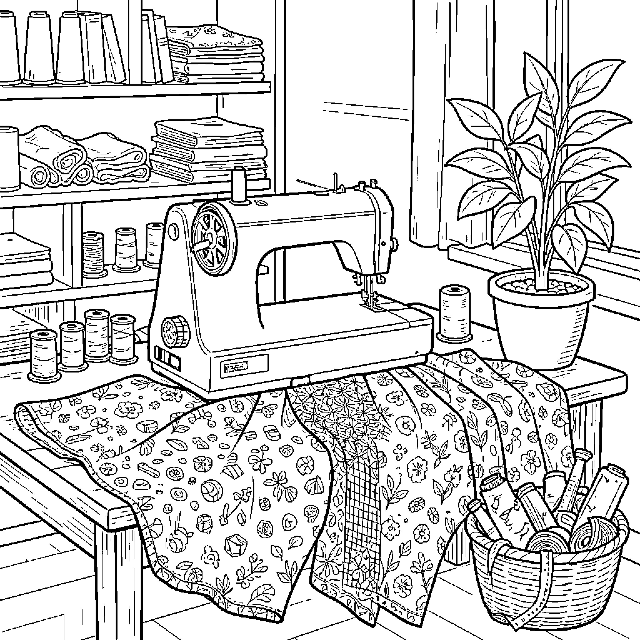 Machine à Coudre sewing patterned fabric on a table Coloring Page (free black-and-white line drawing printable PDF for all, from beginners to advanced learners, including children, teens, adults, and seniors)