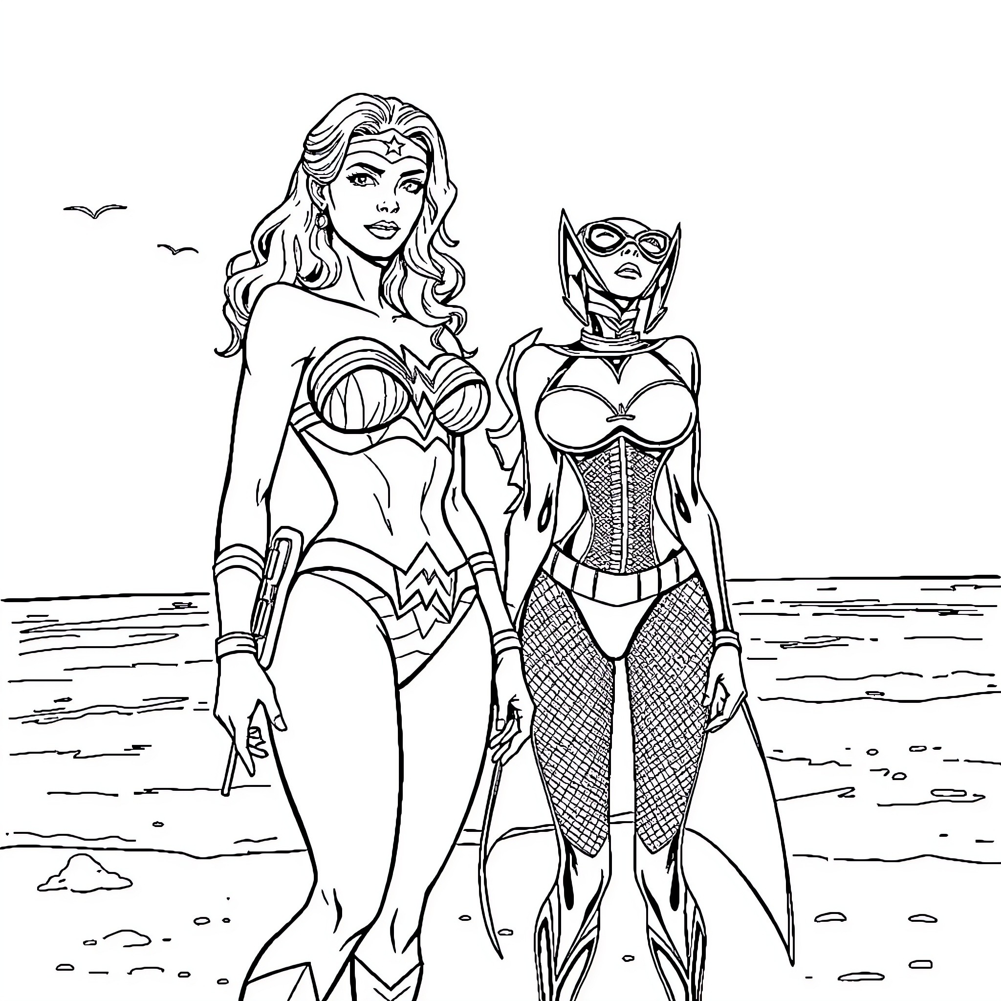 Wonder Woman and her Sidekick on the Beach Coloring Page (free black-and-white line drawing printable PDF for all, from beginners to advanced learners, including children, teens, adults, and seniors)