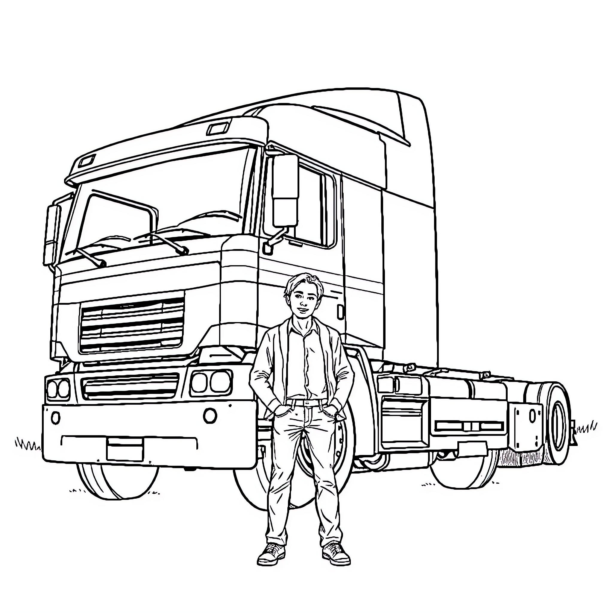 Truck driver standing next to semi-truck Coloring Page (free black-and-white line drawing printable PDF for all, from beginners to advanced learners, including children, teens, adults, and seniors)