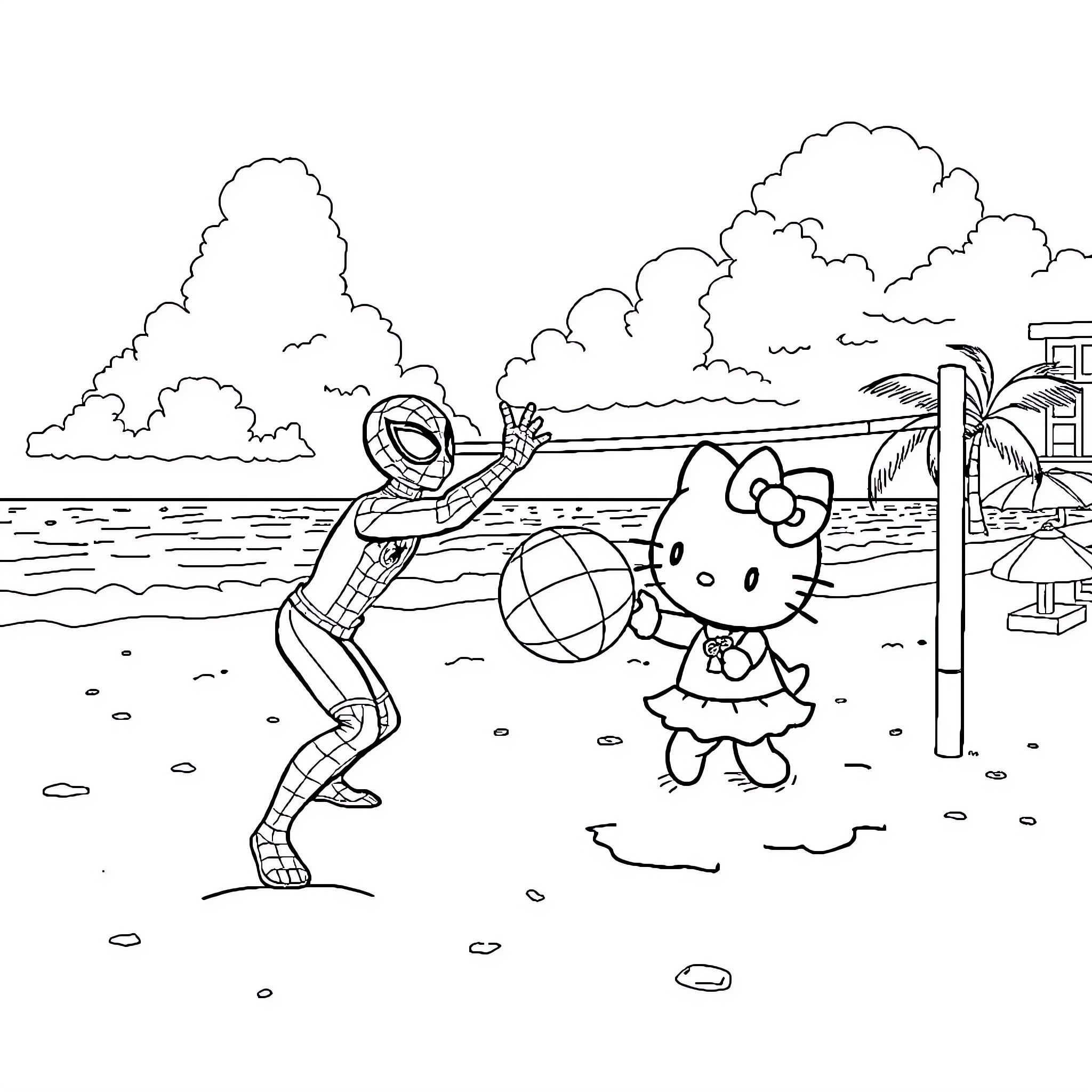Spider-Man enjoying beach activities with Hello Kitty Coloring Page (free black-and-white line drawing printable PDF for all, from beginners to advanced learners, including children, teens, adults, and seniors)