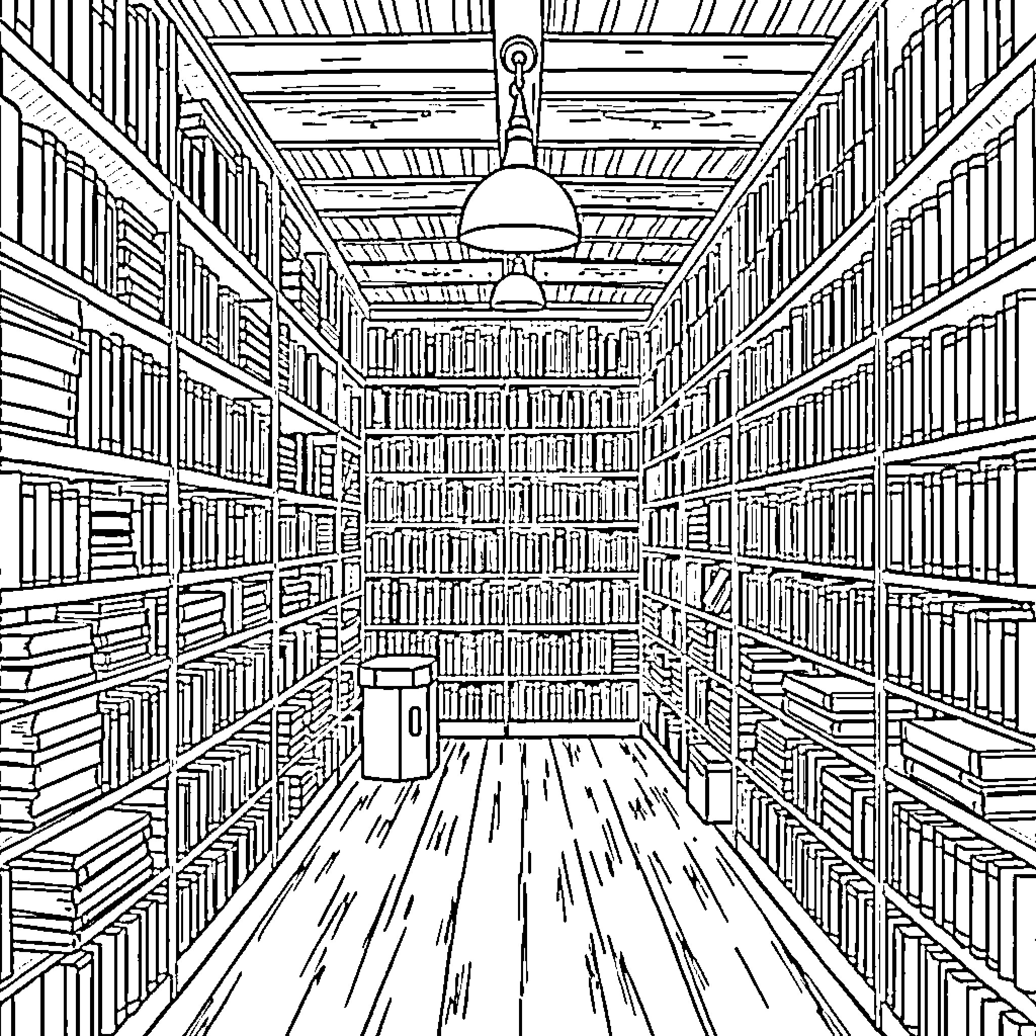 Library of Endless Bookshelves and Illumination Coloring Page (free black-and-white line drawing printable PDF for all, from beginners to advanced learners, including children, teens, adults, and seniors)