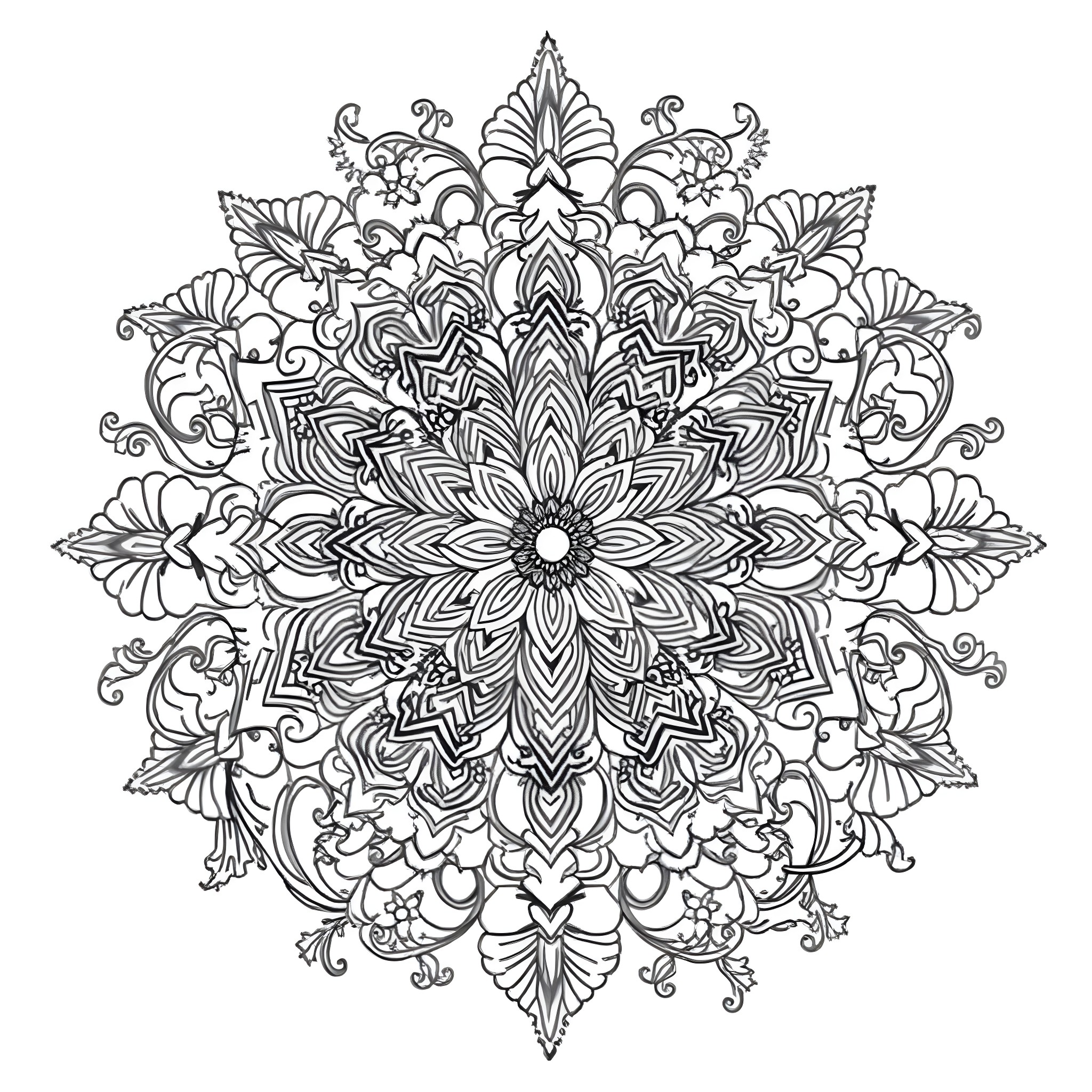 Mandala with intricate floral patterns and designs Coloring Page (free black-and-white line drawing printable PDF for all, from beginners to advanced learners, including children, teens, adults, and seniors)