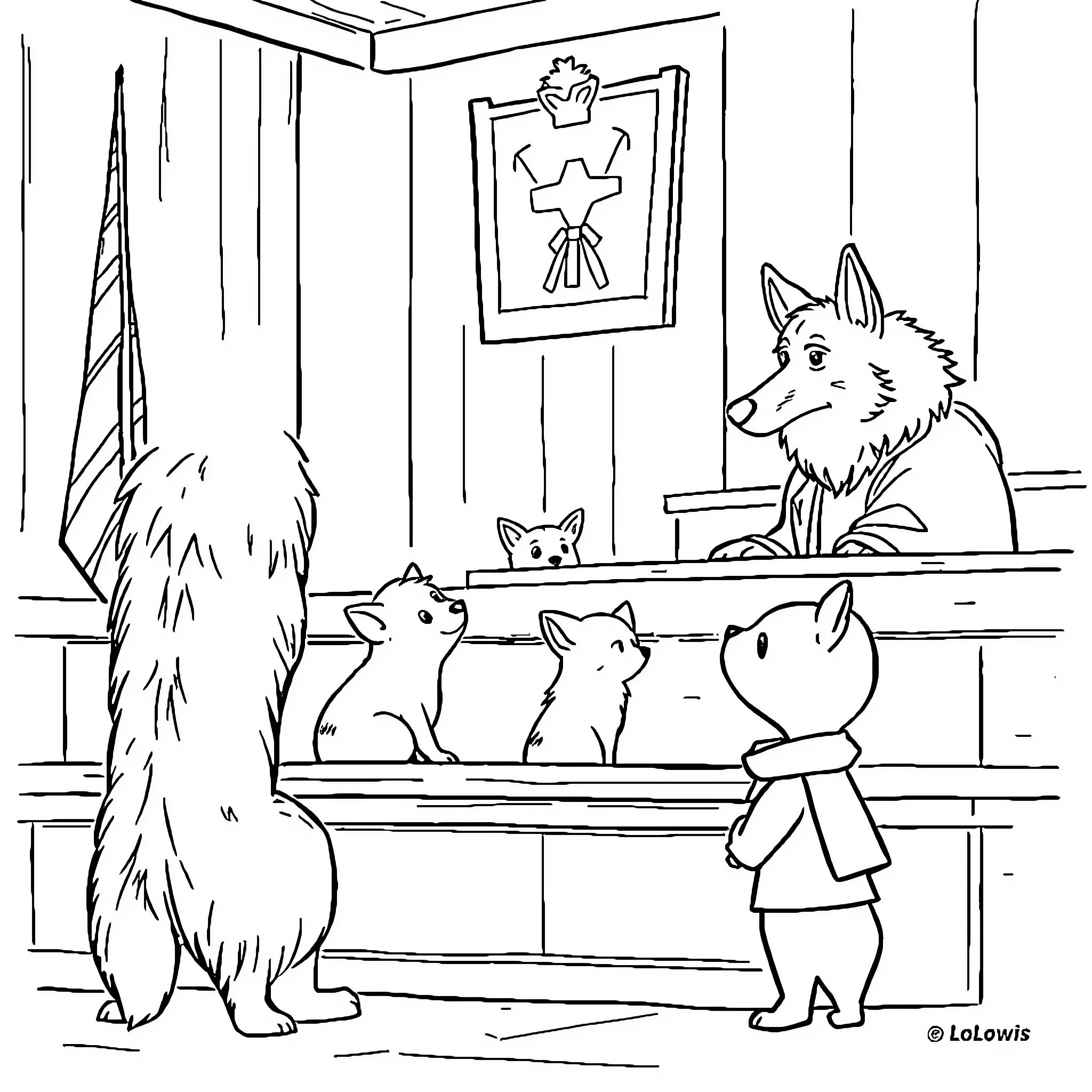 Wolf guarding adorable puppies in cozy home Coloring Page (free black-and-white line drawing printable PDF for all, from beginners to advanced learners, including children, teens, adults, and seniors)