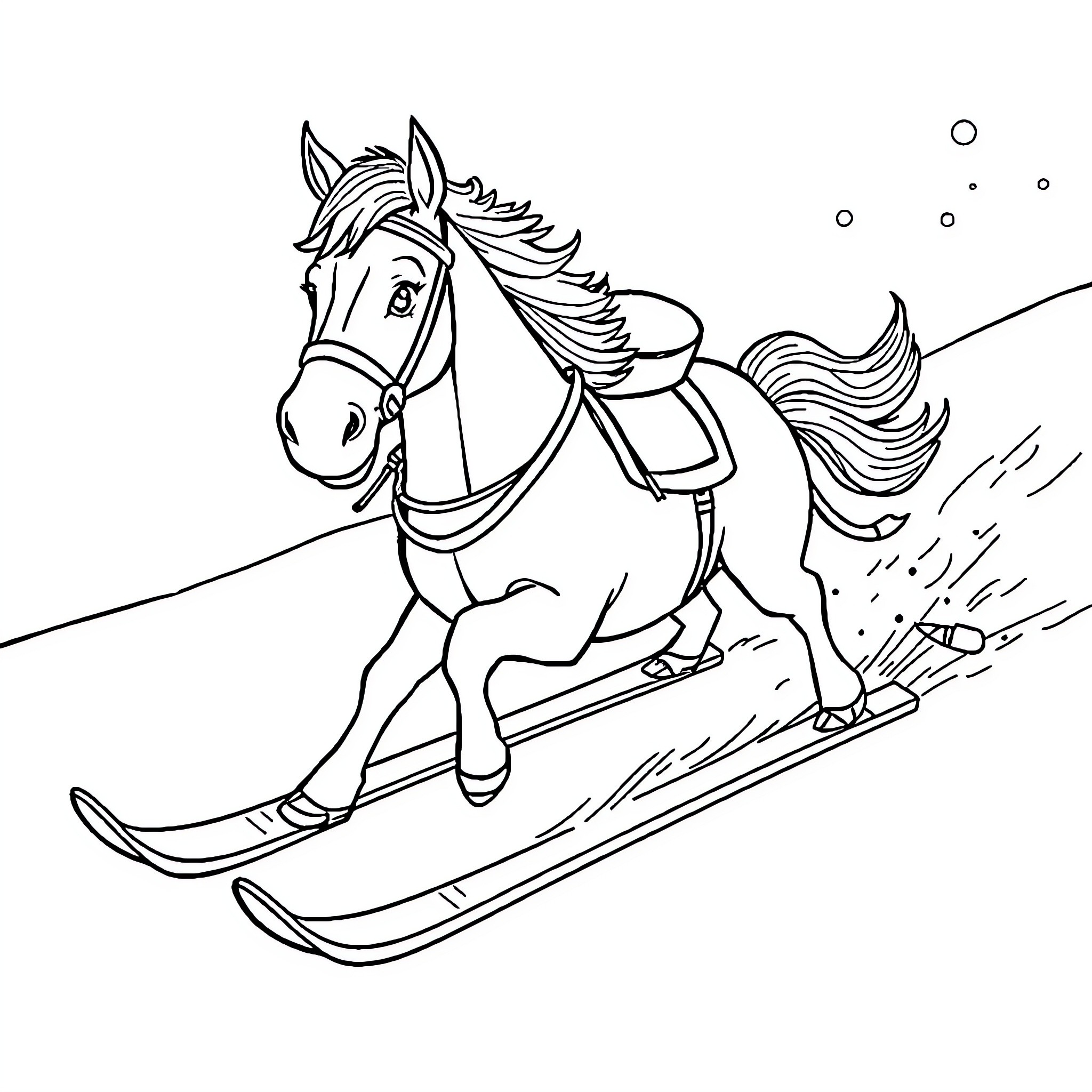Horse skiing happily down the slopes Coloring Page (free black-and-white line drawing printable PDF for all, from beginners to advanced learners, including children, teens, adults, and seniors)