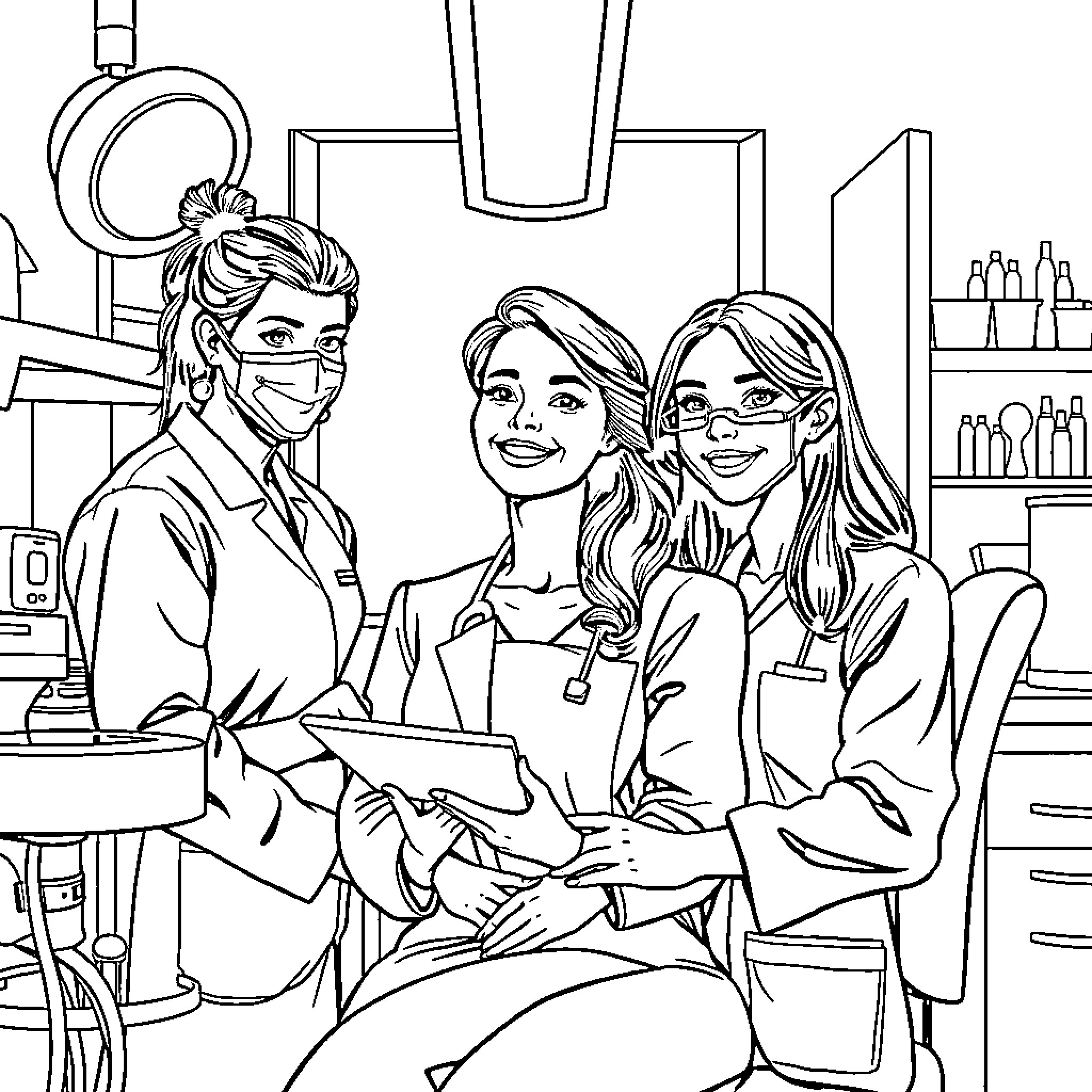 Dentist Office Visit with Friendly Dental Team Coloring Page (free black-and-white line drawing printable PDF for all, from beginners to advanced learners, including children, teens, adults, and seniors)