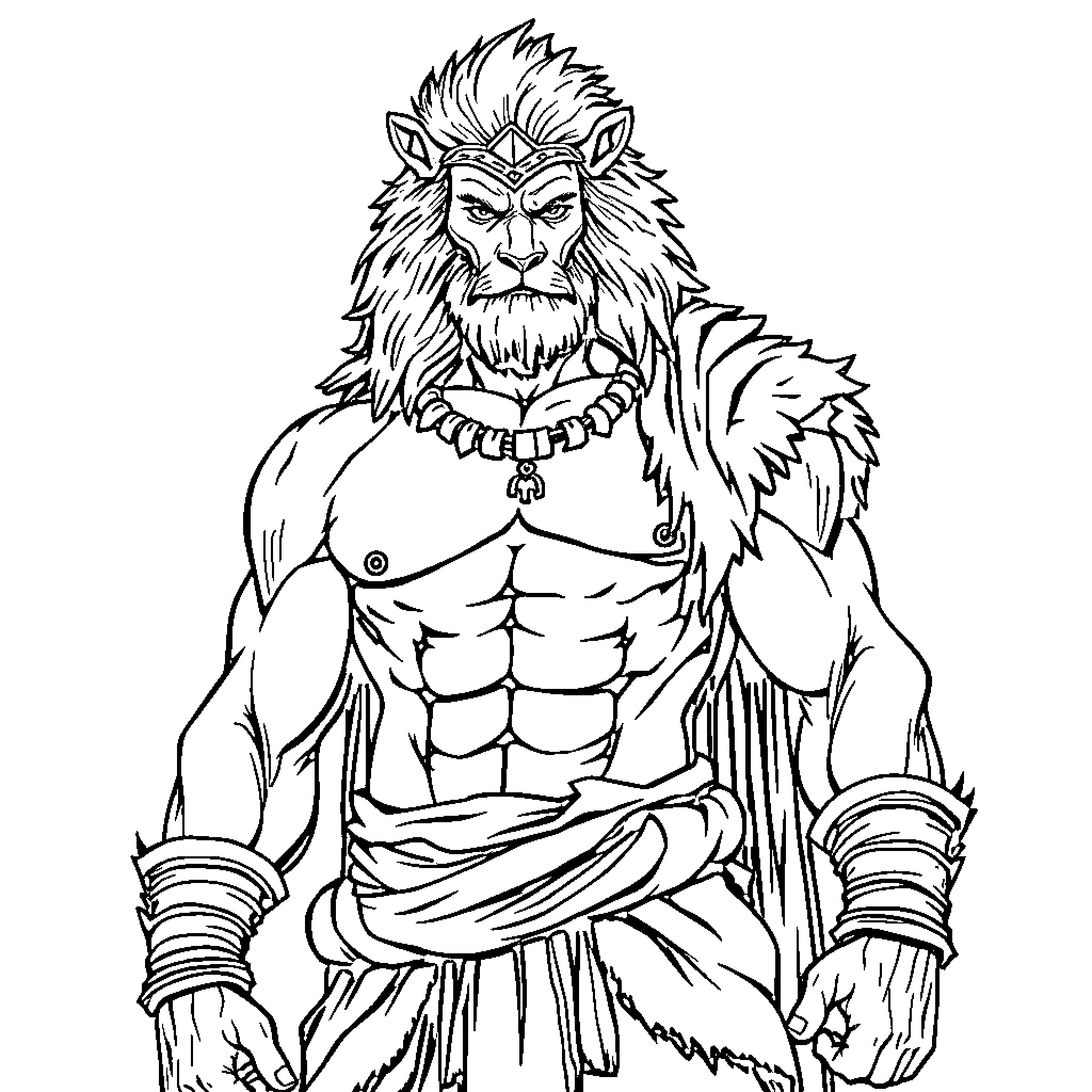 Warrior Muscular Barbarian with Fierce Expression Coloring Page (free black-and-white line drawing printable PDF for all, from beginners to advanced learners, including children, teens, adults, and seniors)