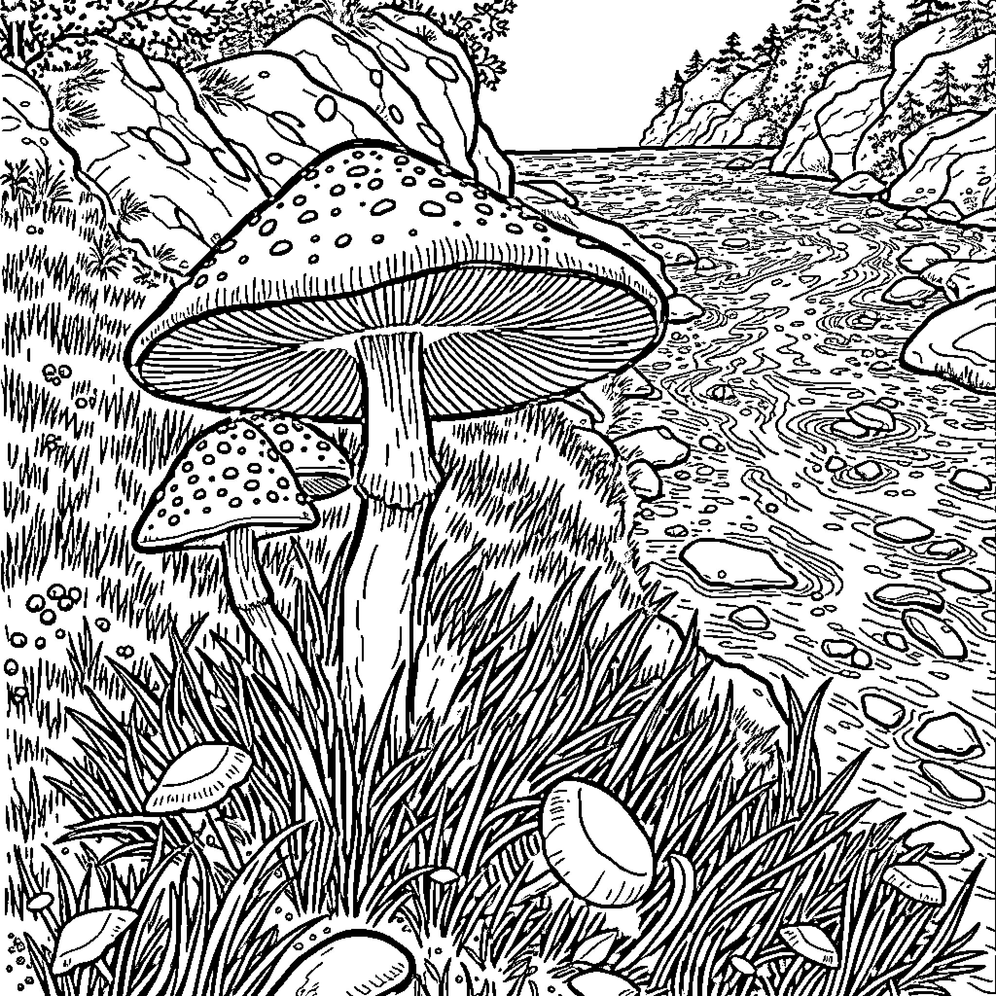 Psilocybe mushrooms in a serene forest landscape Coloring Page (free black-and-white line drawing printable PDF for all, from beginners to advanced learners, including children, teens, adults, and seniors)