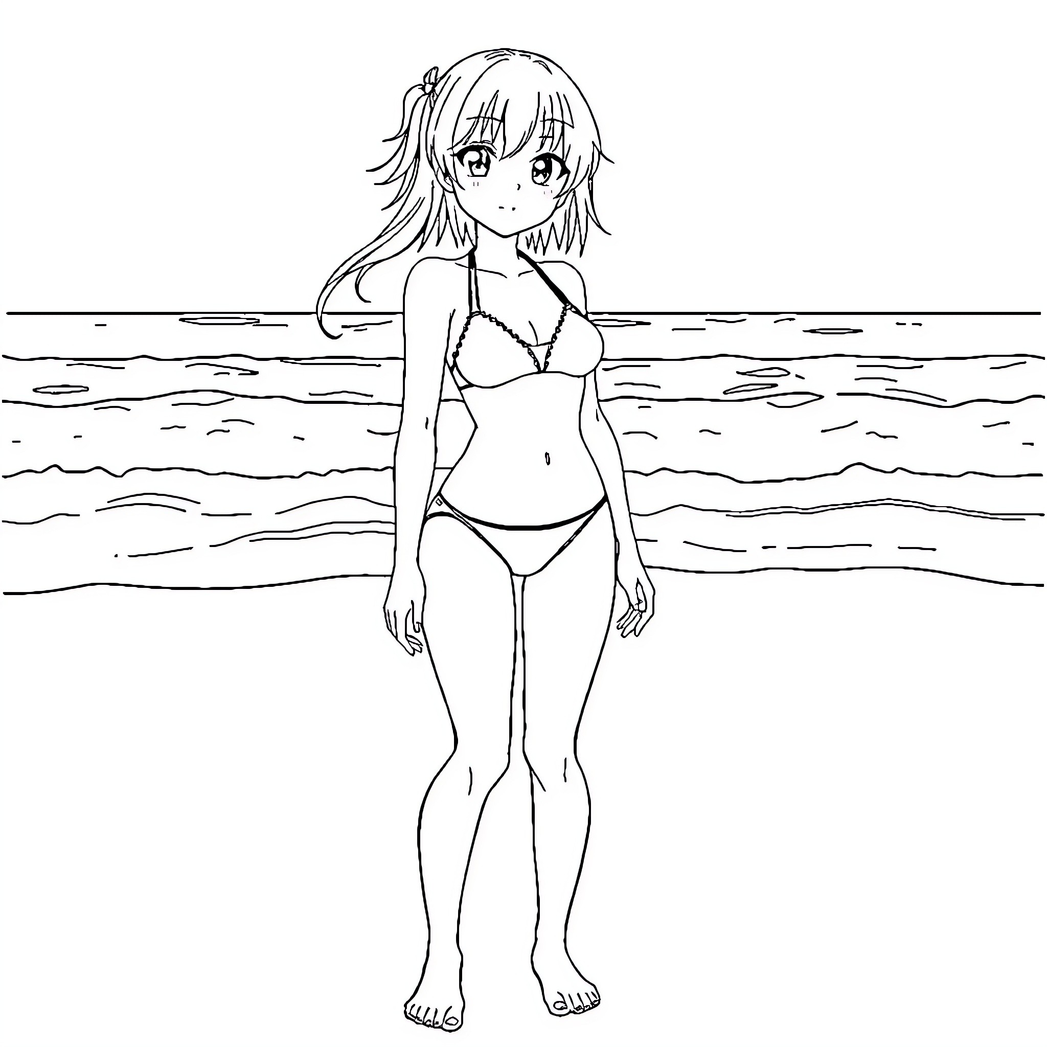 Anime Girl in Beachwear Standing in the Ocean Coloring Page (free black-and-white line drawing printable PDF for all, from beginners to advanced learners, including children, teens, adults, and seniors)