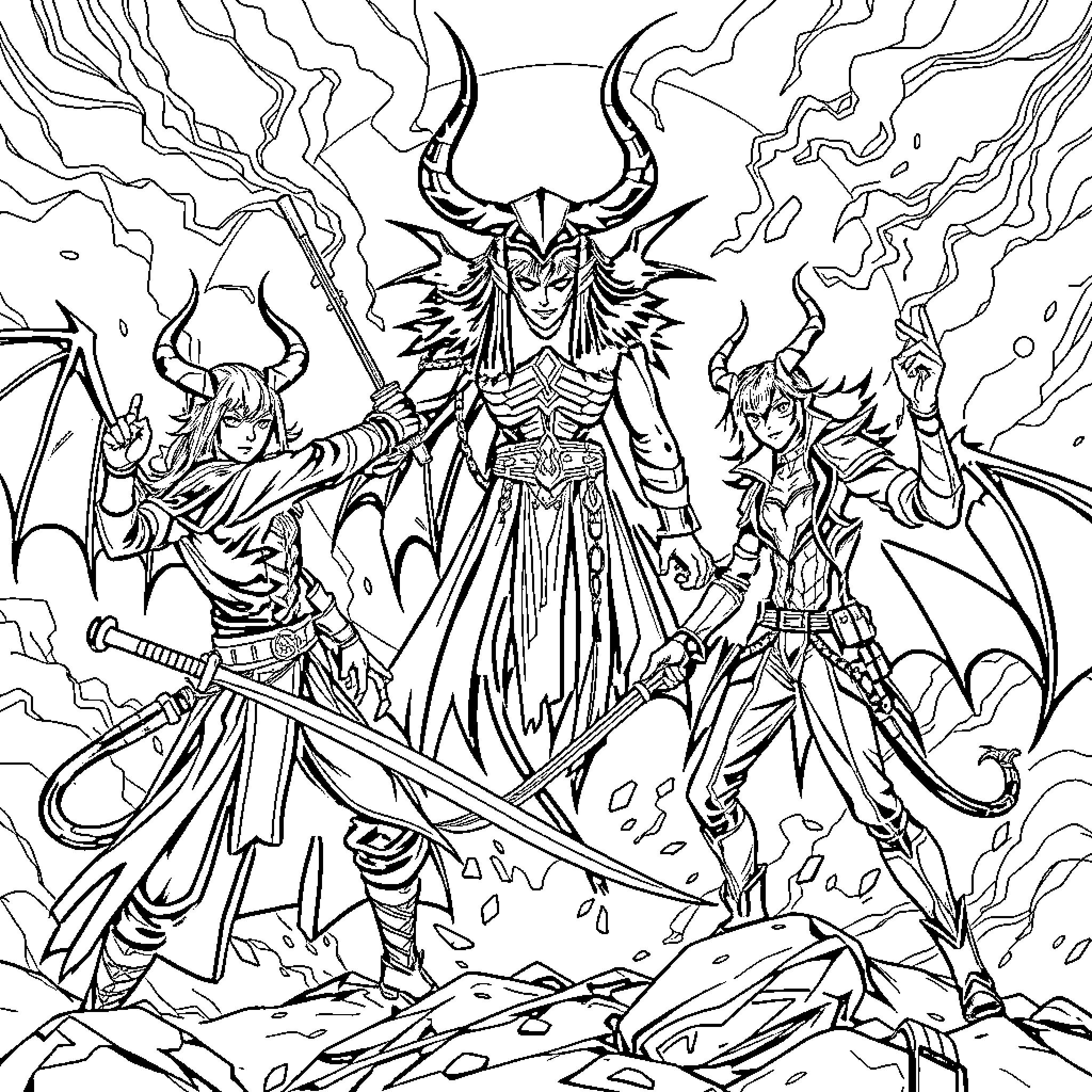 Demon Hunter leading fearsome warriors into battle Coloring Page (free black-and-white line drawing printable PDF for all, from beginners to advanced learners, including children, teens, adults, and seniors)