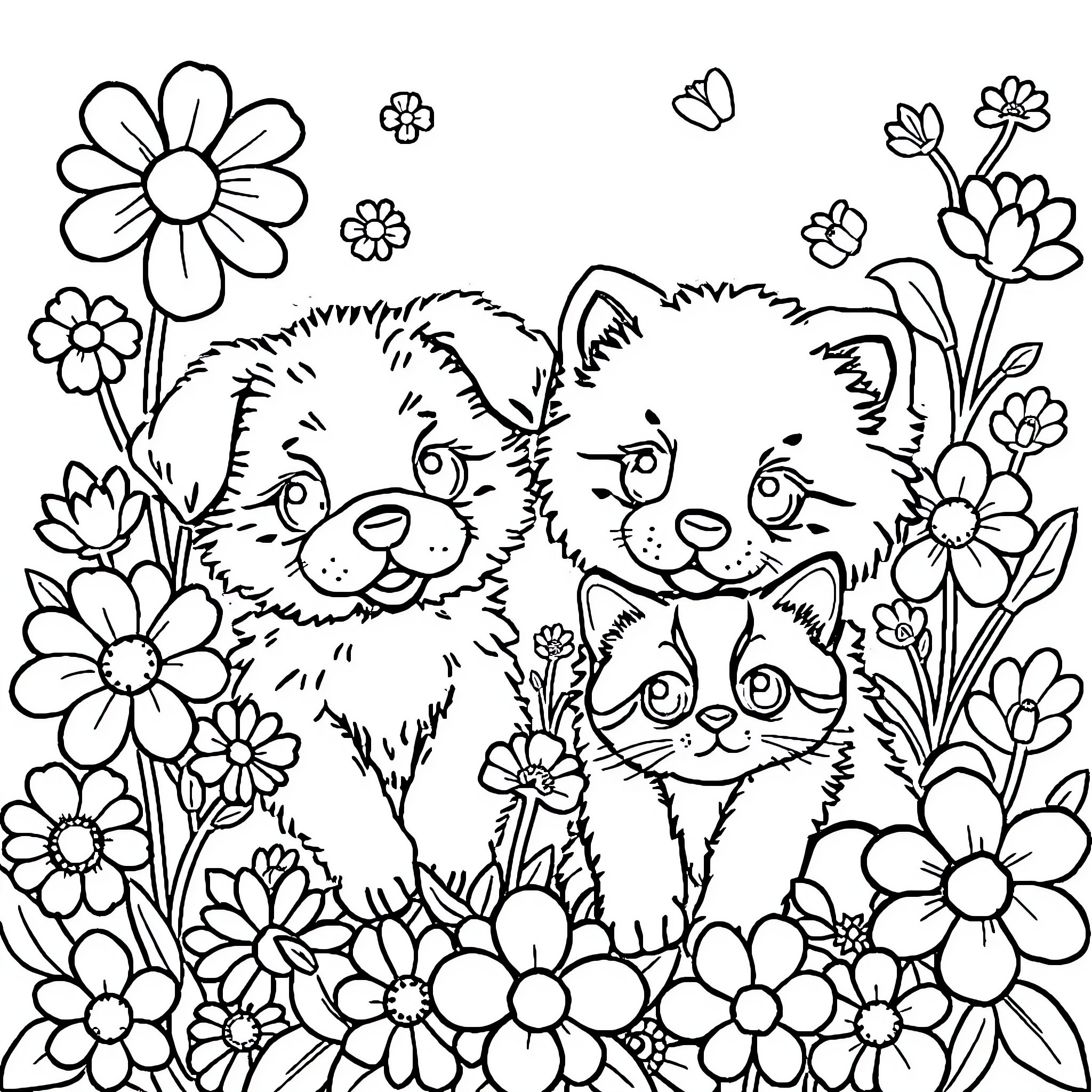 Animal kittens playing in a floral garden Coloring Page (free black-and-white line drawing printable PDF for all, from beginners to advanced learners, including children, teens, adults, and seniors)