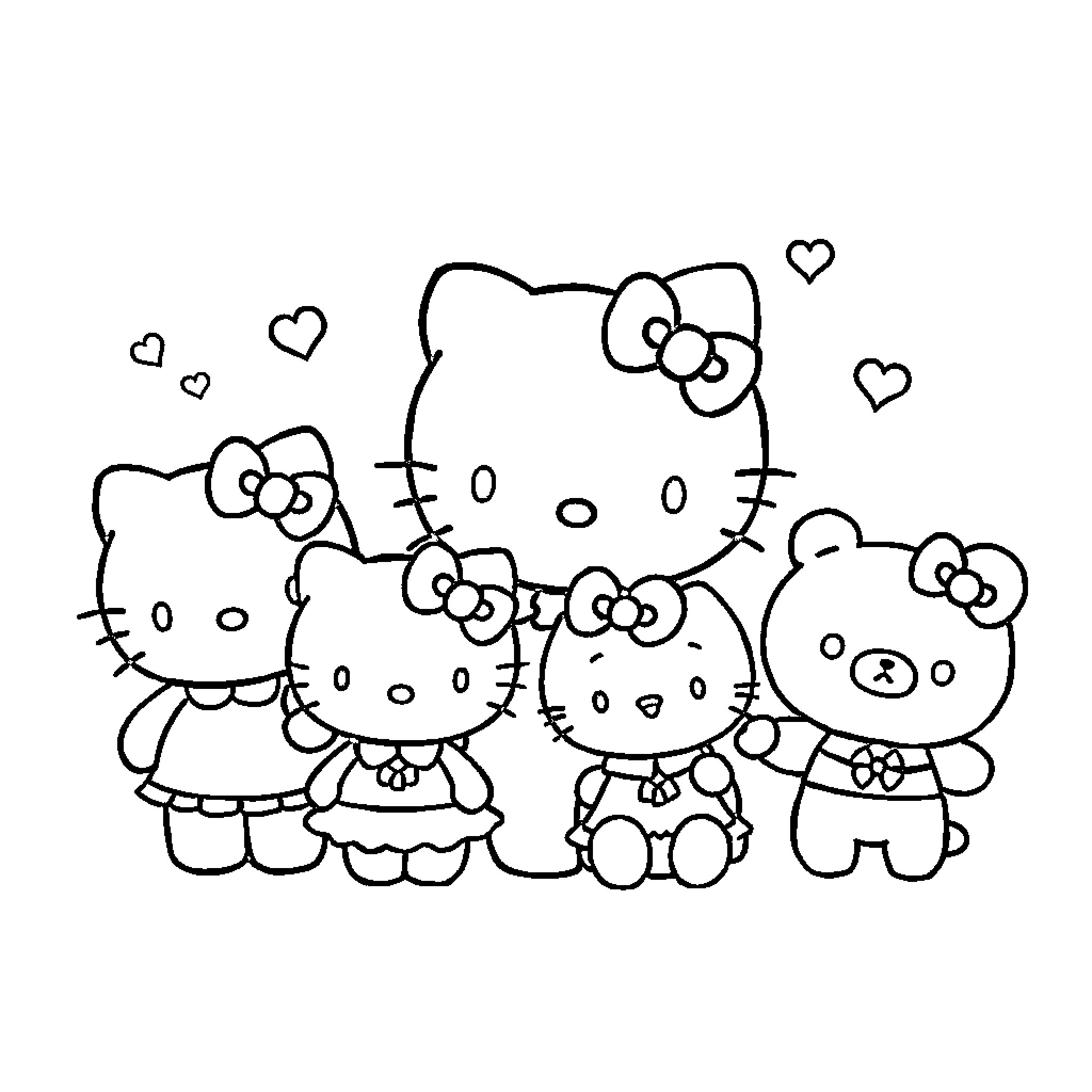 Sanrio characters in a playful scene Coloring Page (free black-and-white line drawing printable PDF for all, from beginners to advanced learners, including children, teens, adults, and seniors)
